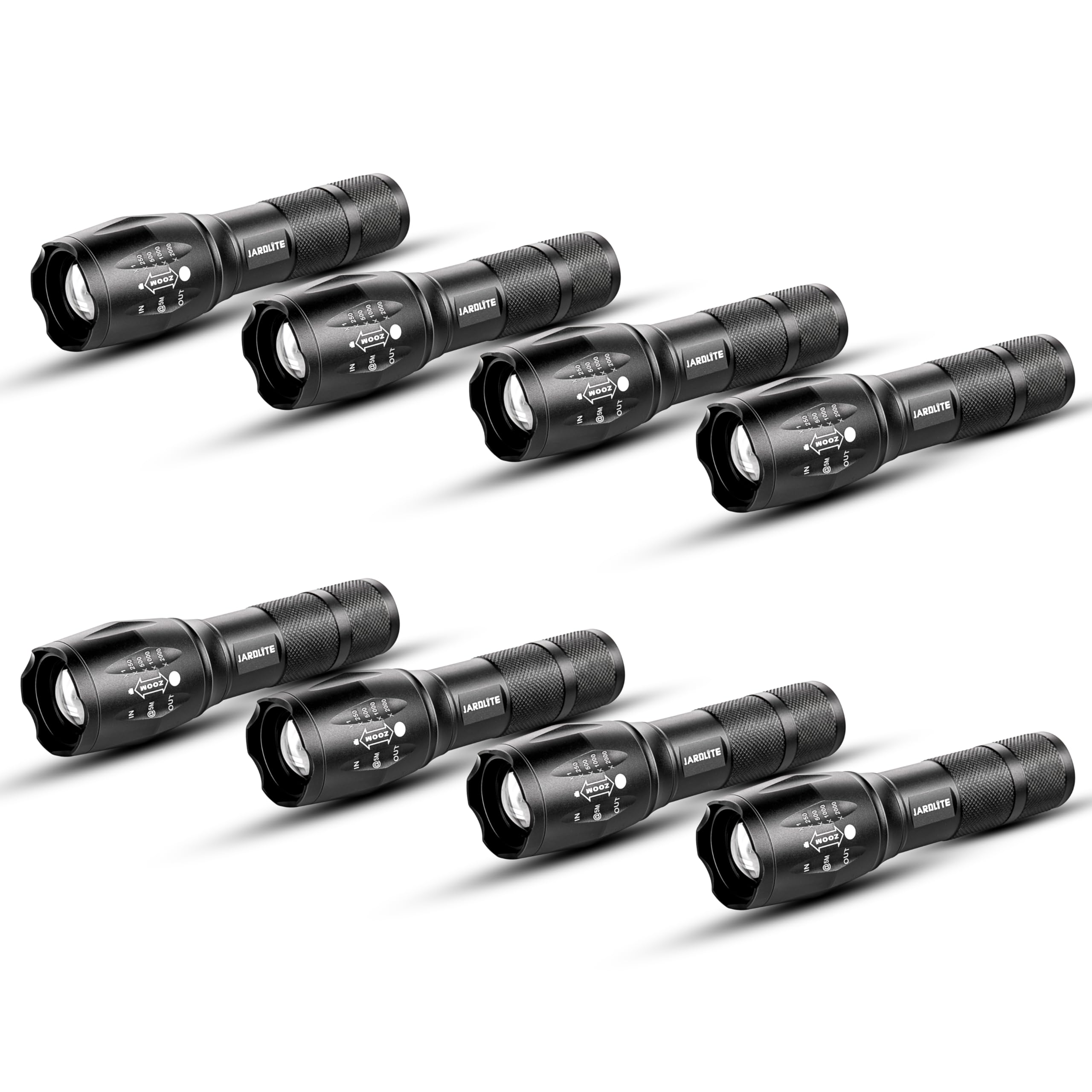 JARDLITE 8 Pack LED Emergency Handheld Flashlight, Adjustable Focus, Water Resistant with 5 Modes, Best Tactical Torch for Hurri