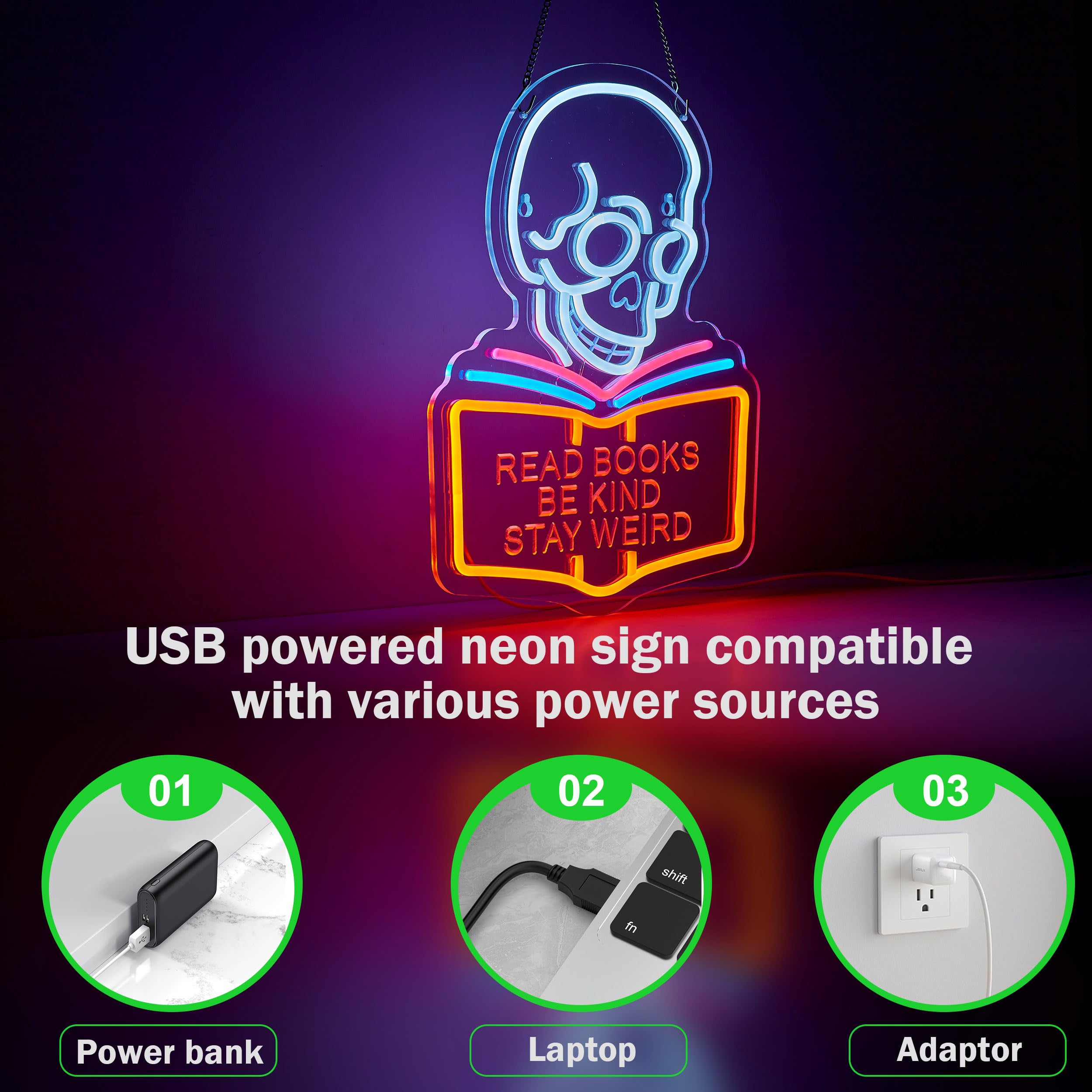 Roouneon LED Neon Wall Sign - inRead Books Be Kind Stay Weirdin - Dimmable - Acrylic - White, Pink, Blue, Orange