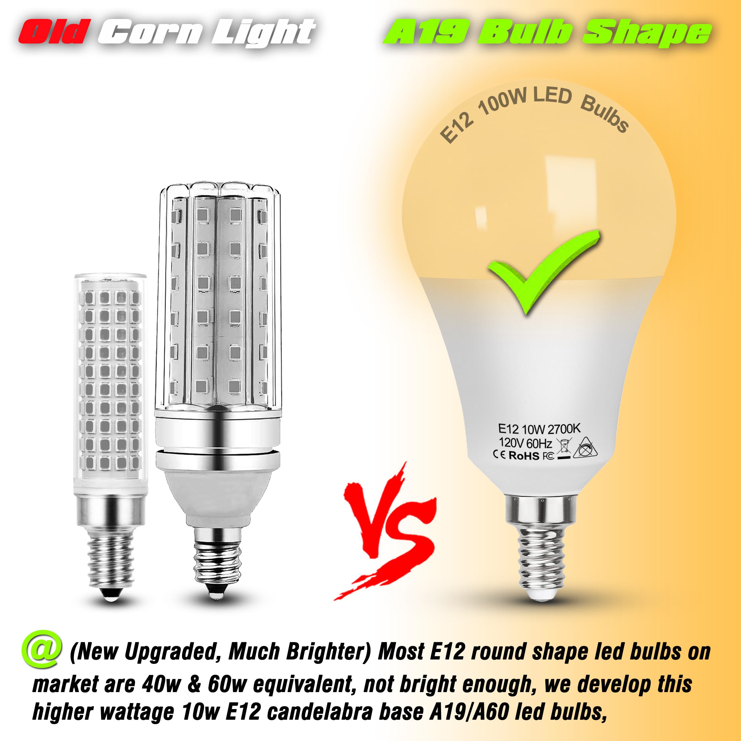 ALIDE E12 A19 LED Bulbs 10W 1200lm 2700K Warm White Non-Dimmable, Globe Shape for Ceiling Fan, Chandelier, Wall Sconces -