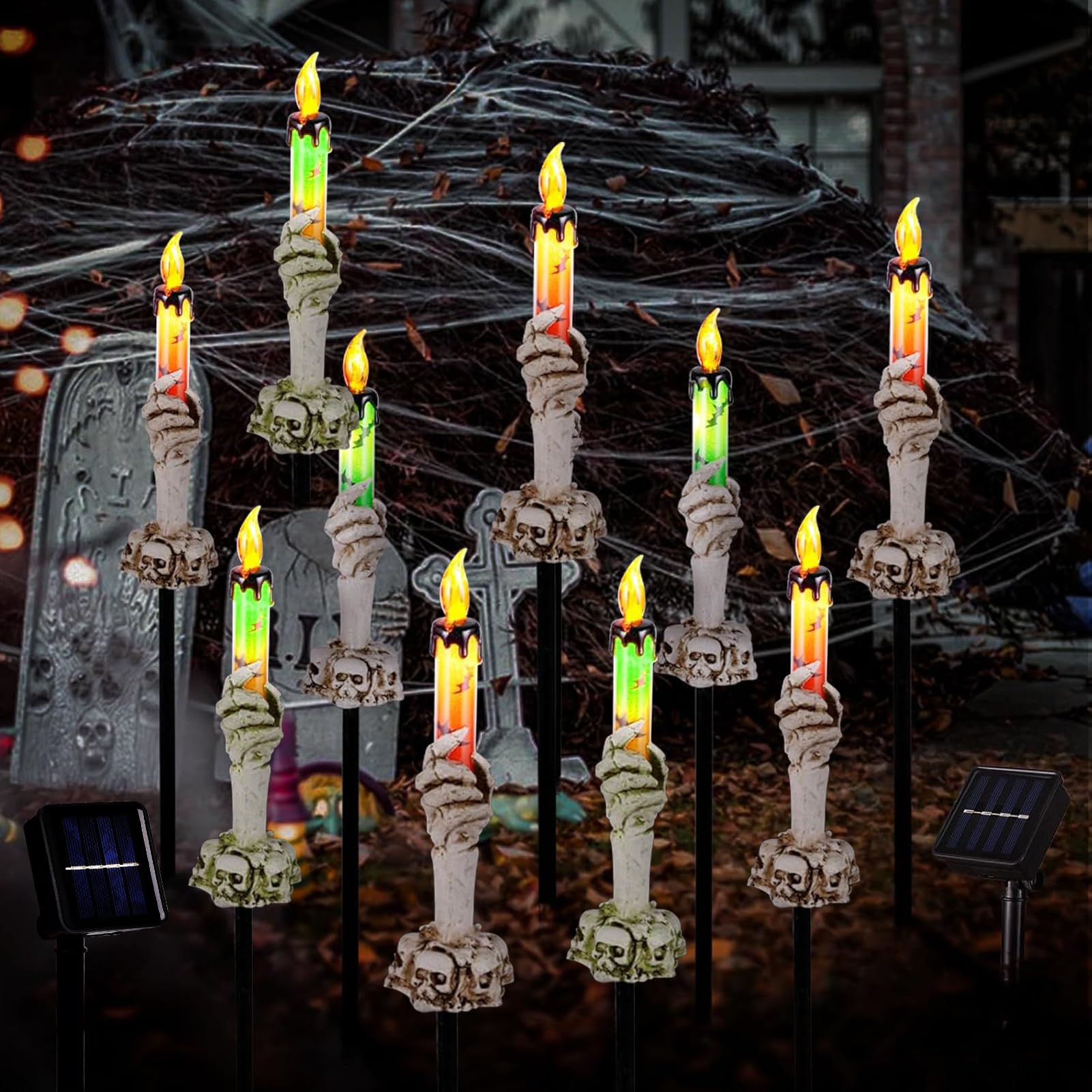 ILLUMINEW Halloween Pathway Lights, 10 Pack Skull Hand Candle Holders, Solar Powered LED Decor, White