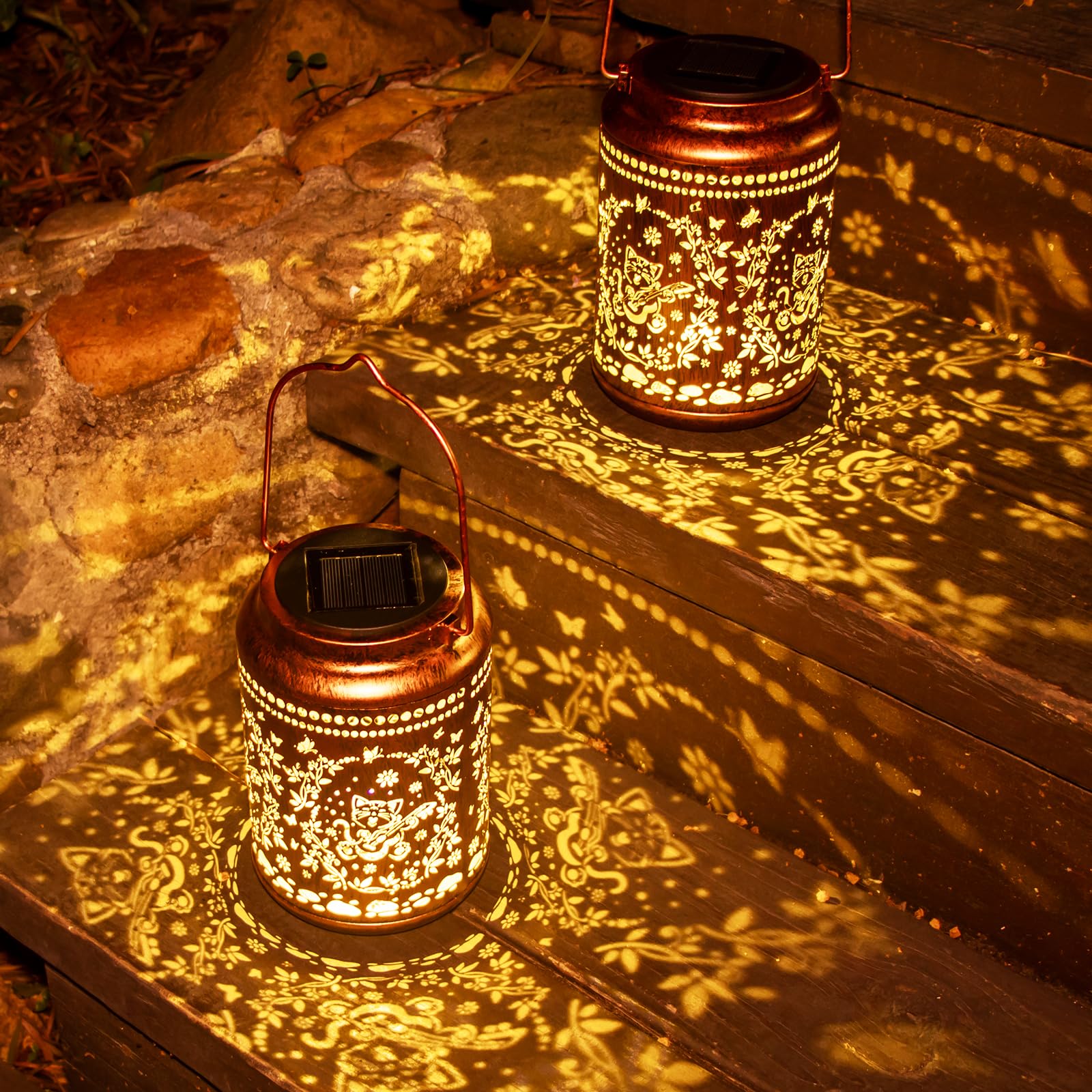 YISITEONE Cat Outdoor Solar Lanterns, Waterproof Metal Decor Lights, Brown, 2 Pack, Model ES04250500008