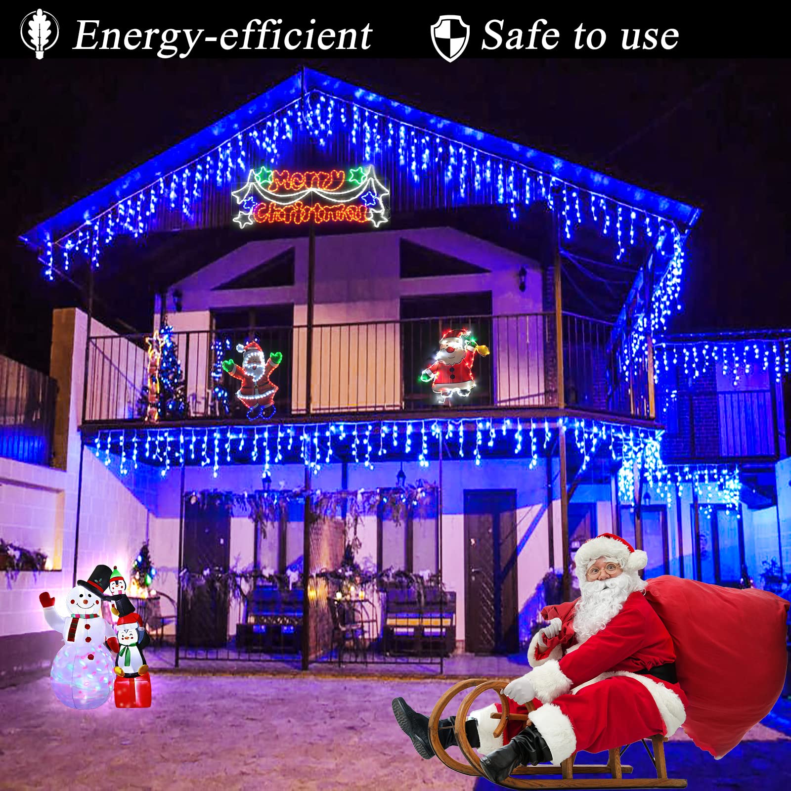 Vivideal Icicle Christmas Lights, 33ft 400 LED, Blue, Waterproof, 8 Modes, Indoor/Outdoor, Model BG-CL3M3-306L01