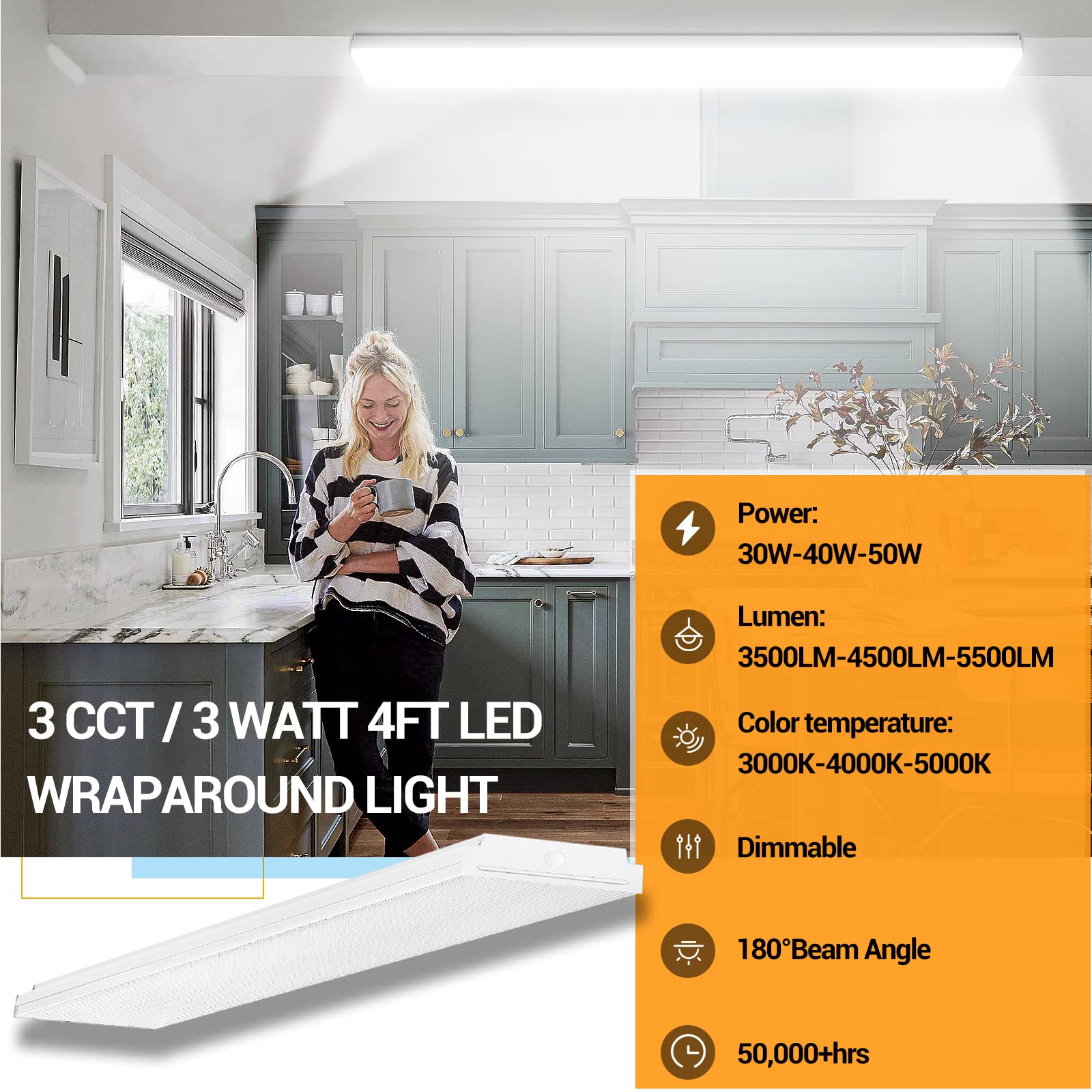 FAITHSAIL 4FT LED Wraparound Light Fixture, Dimmable, 30W/40W/50W, 3500lm/4500lm/5500lm,