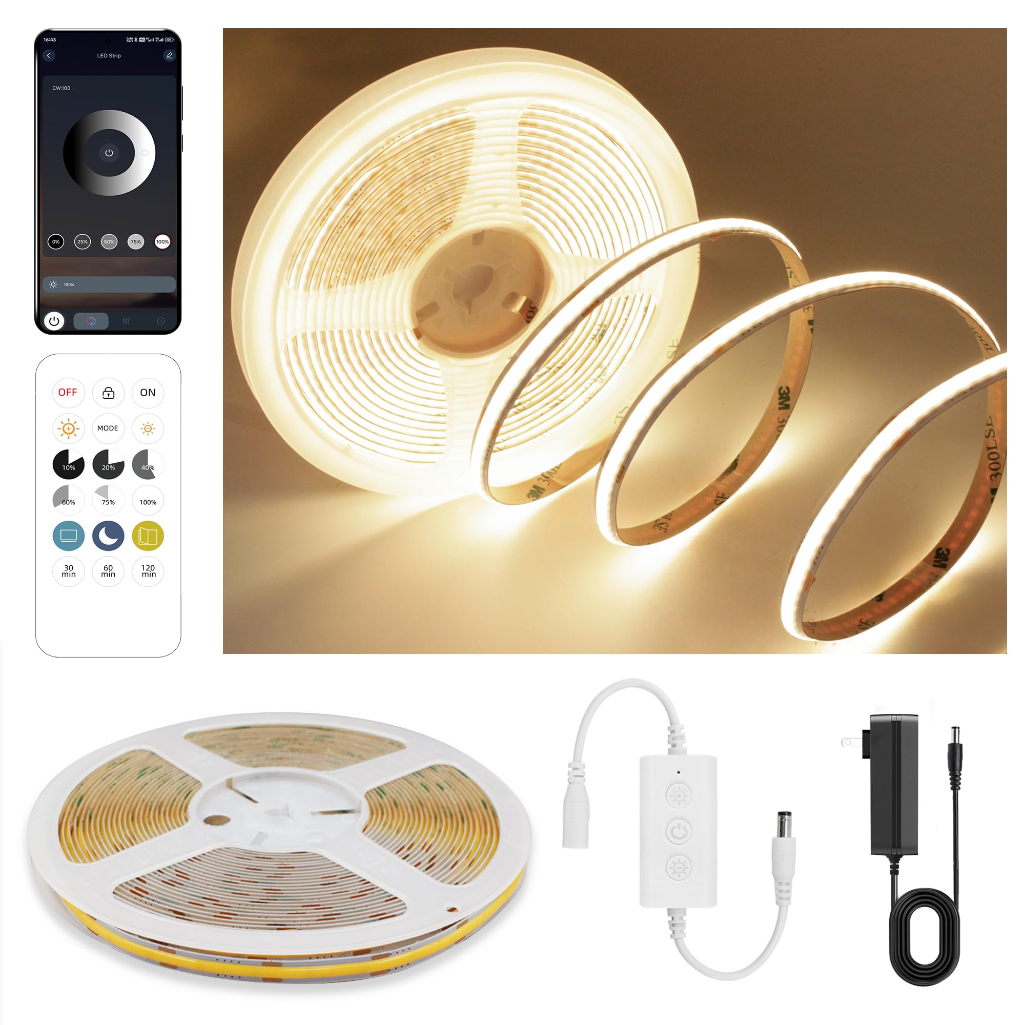 Pandery COB LED Strip Lights, 3000K Warm White, 9.84FT, Dimmable, Flexible, Model PD-COB-24V, with Remote and App Control