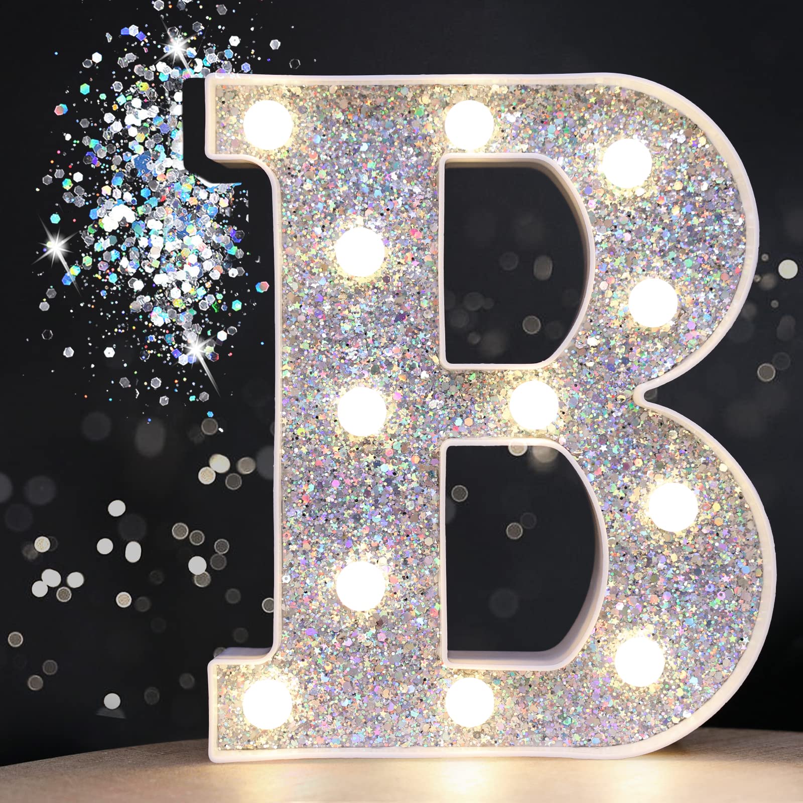 Pooqla LED Marquee Letter Lights, Battery Powered Silver Glitter Sign, Letter B