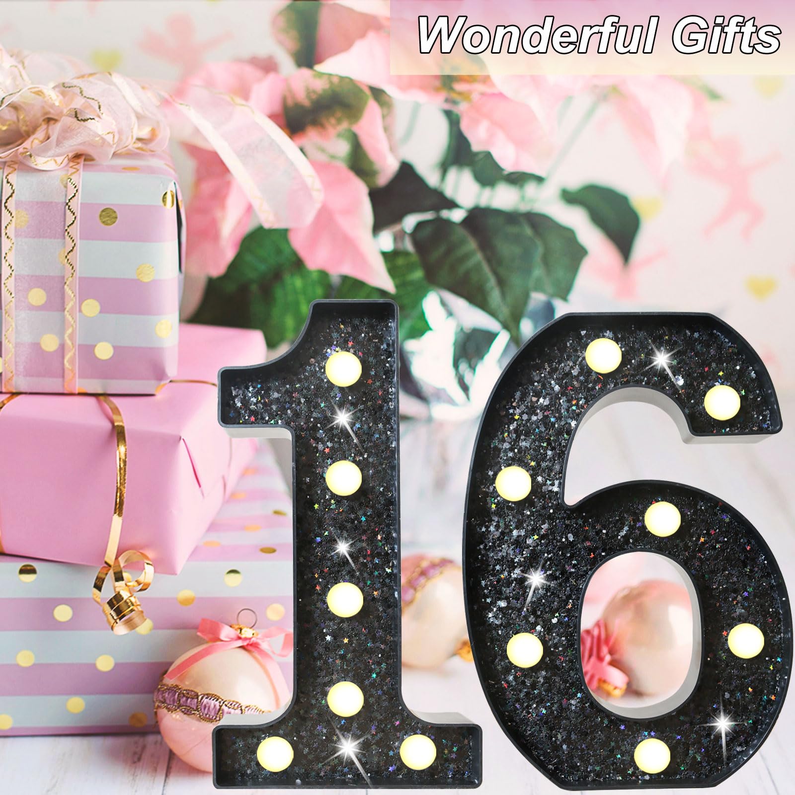 8.8 Decorative Led Light Up Numbers  Glitter Marquee Numbers Lights For 16Th Birthday Decorations  Shiny Lighted Number Sign For Birthday Party Wedding Anniversary Home Decor  Glitter Black 16