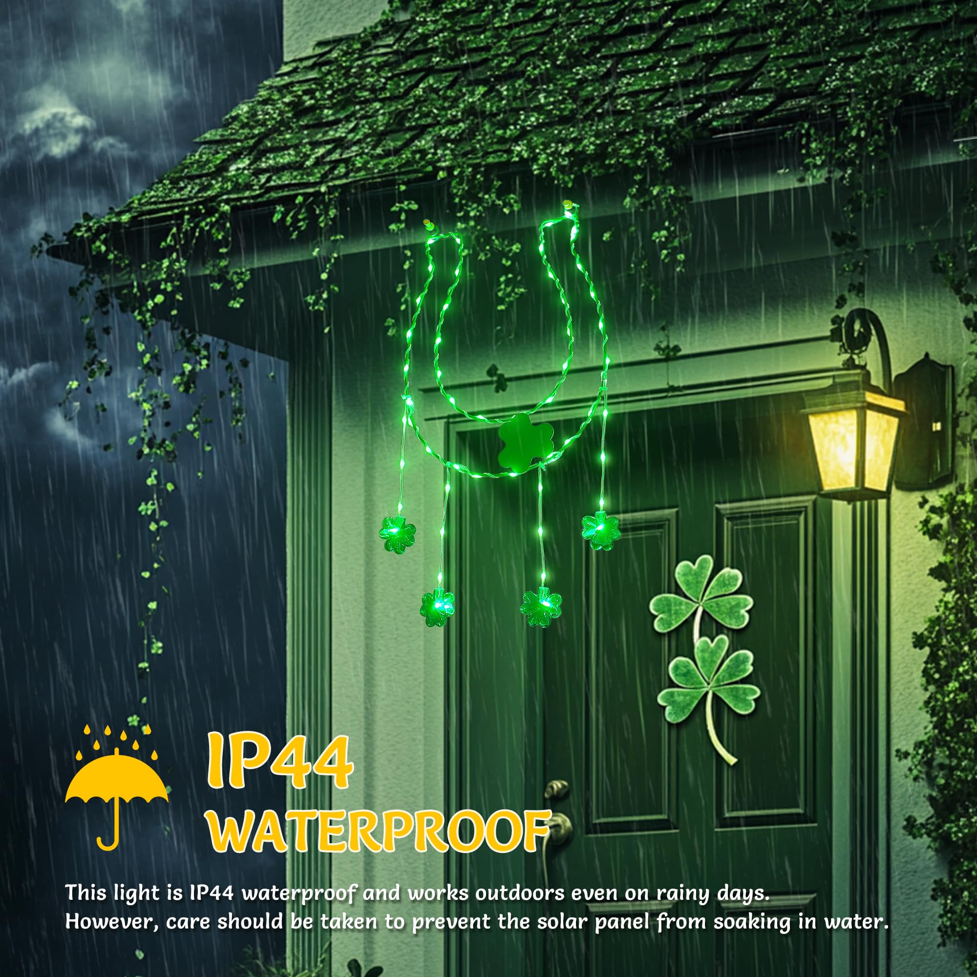 Youngar St Patricks Day Solar Lights, Horseshoe Window Lights,11.6In 59Led Shamrock Green Iron Frame Silhouette Lights,Hanging 8
