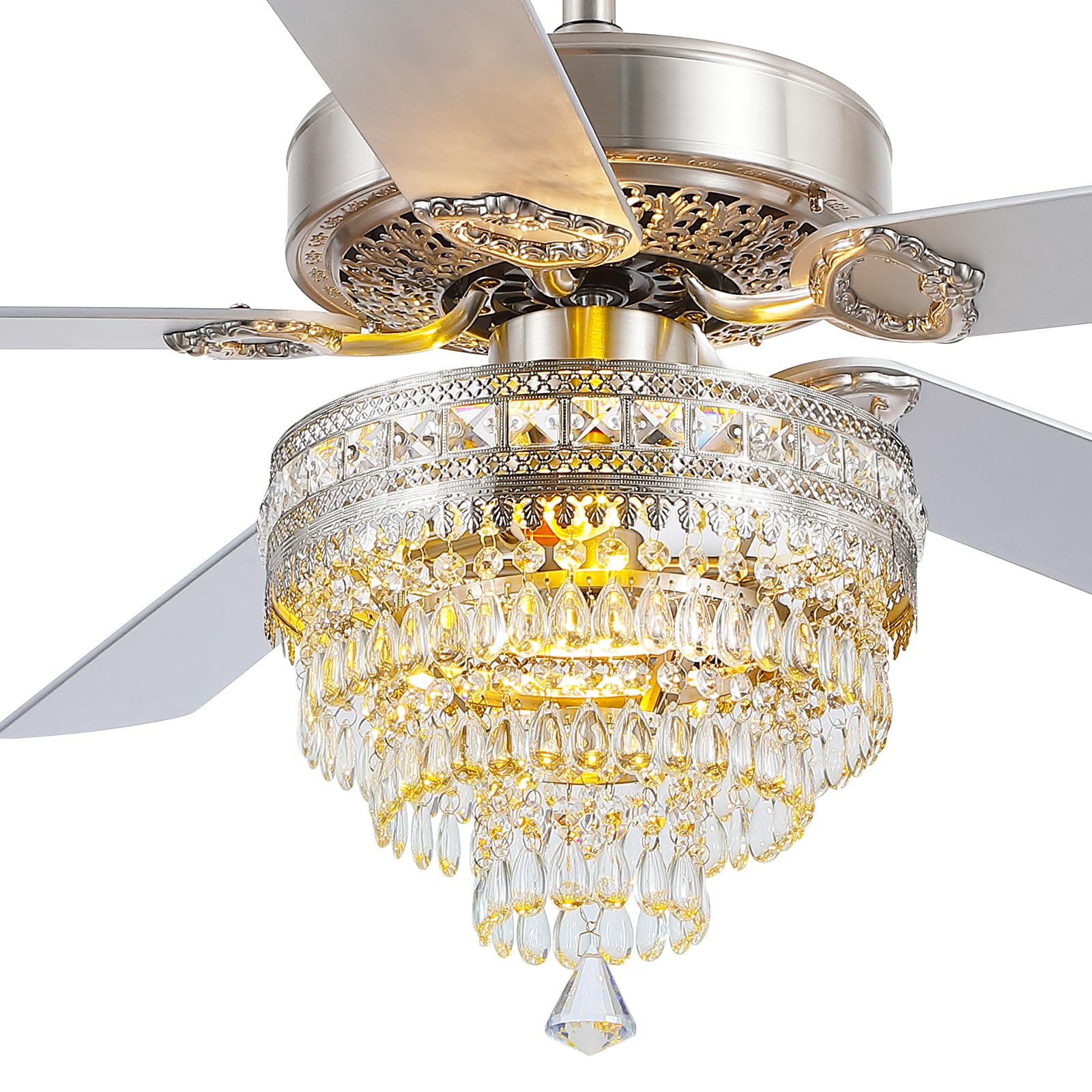 Asyko Crystal Ceiling Fan Fandelier with Lights and Remote Control,52 Modern Silver Chandelier Ceiling Fans with Reversible Blad