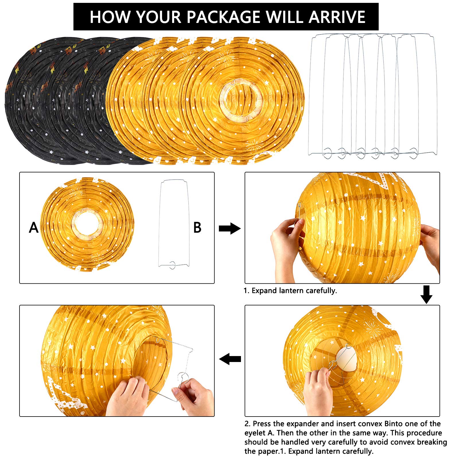 6 Pieces Birthday Party Decorations Hanging Paper Lanterns Black Gold Glittery Anniversary Party Birthday Sign Decorations For M
