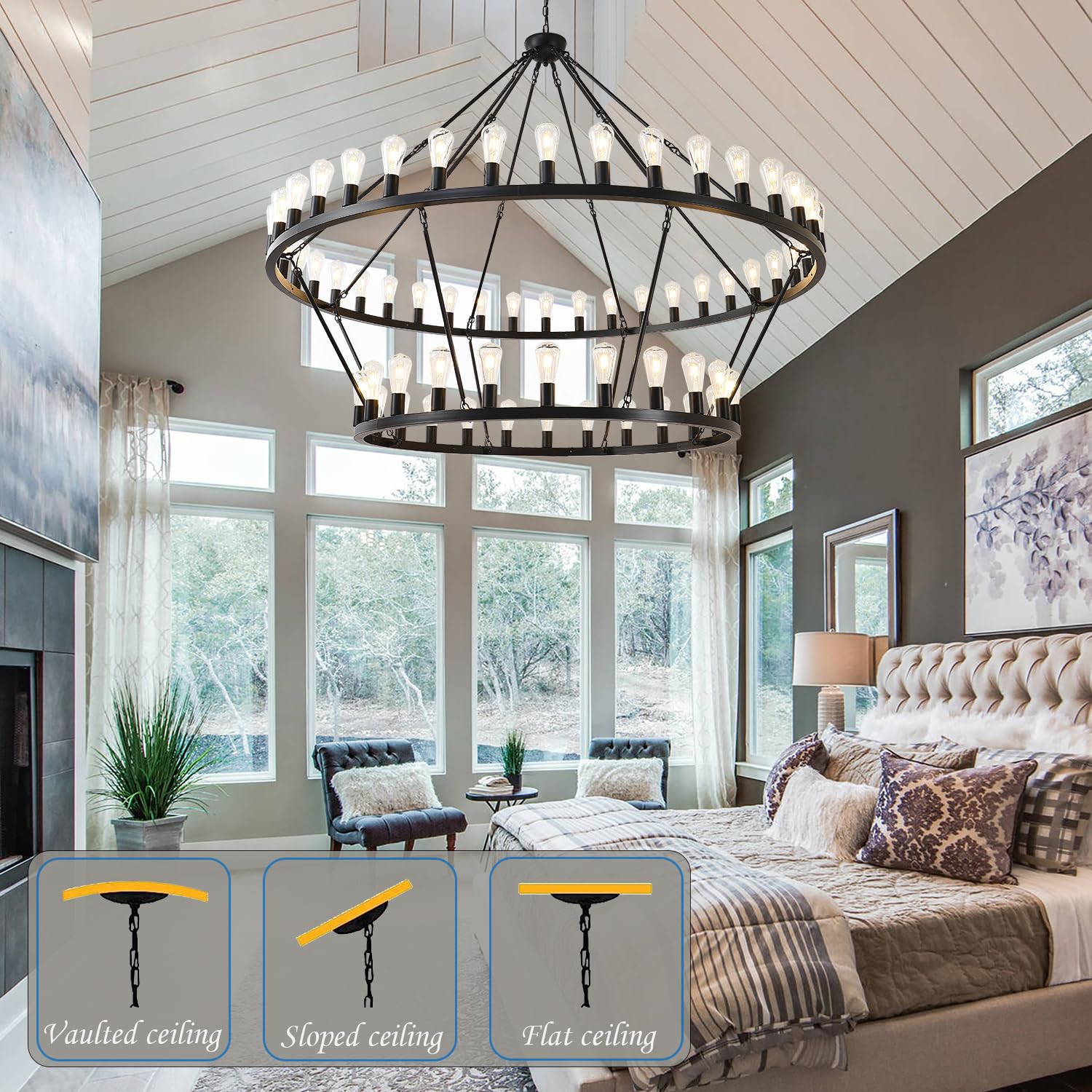 Viksroeo 70 Inch Black Extra Large Wagon Wheel Chandelier, 2 Tier 64-Lights Farmhouse Industrial Round High Ceiling Pendant Ligh