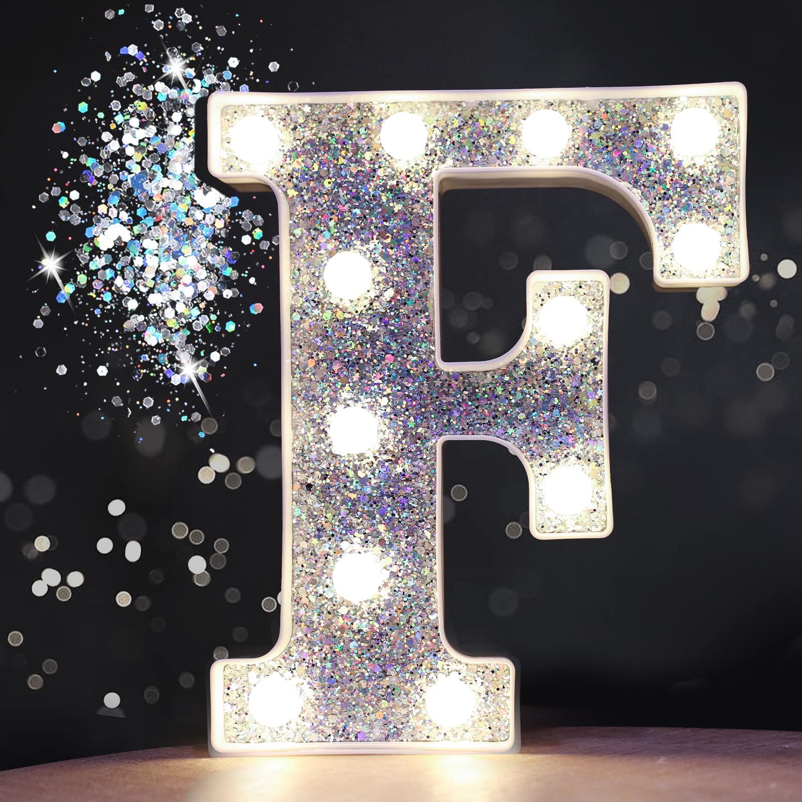 Pooqla LED Marquee Letter Lights, Battery Powered Silver Glitter Alphabet Sign for Parties, Home Decor, Christmas, Sequin Silver