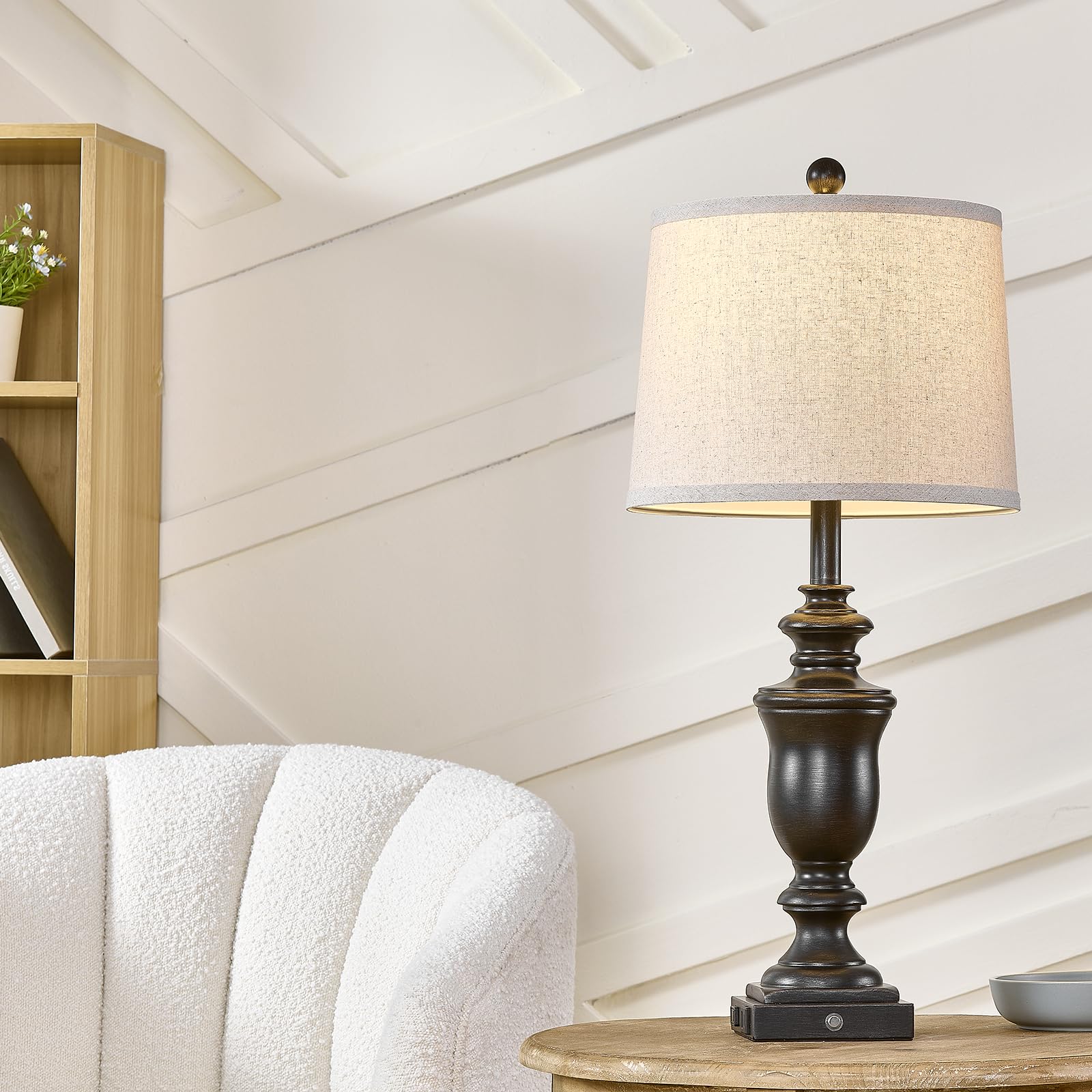 SAIWEYA 27.5" Farmhouse Table Lamps Set of 2, 3 Way Dimmable, Antique Black Resin with USB & AC Outlet for Bedroom & Living Room