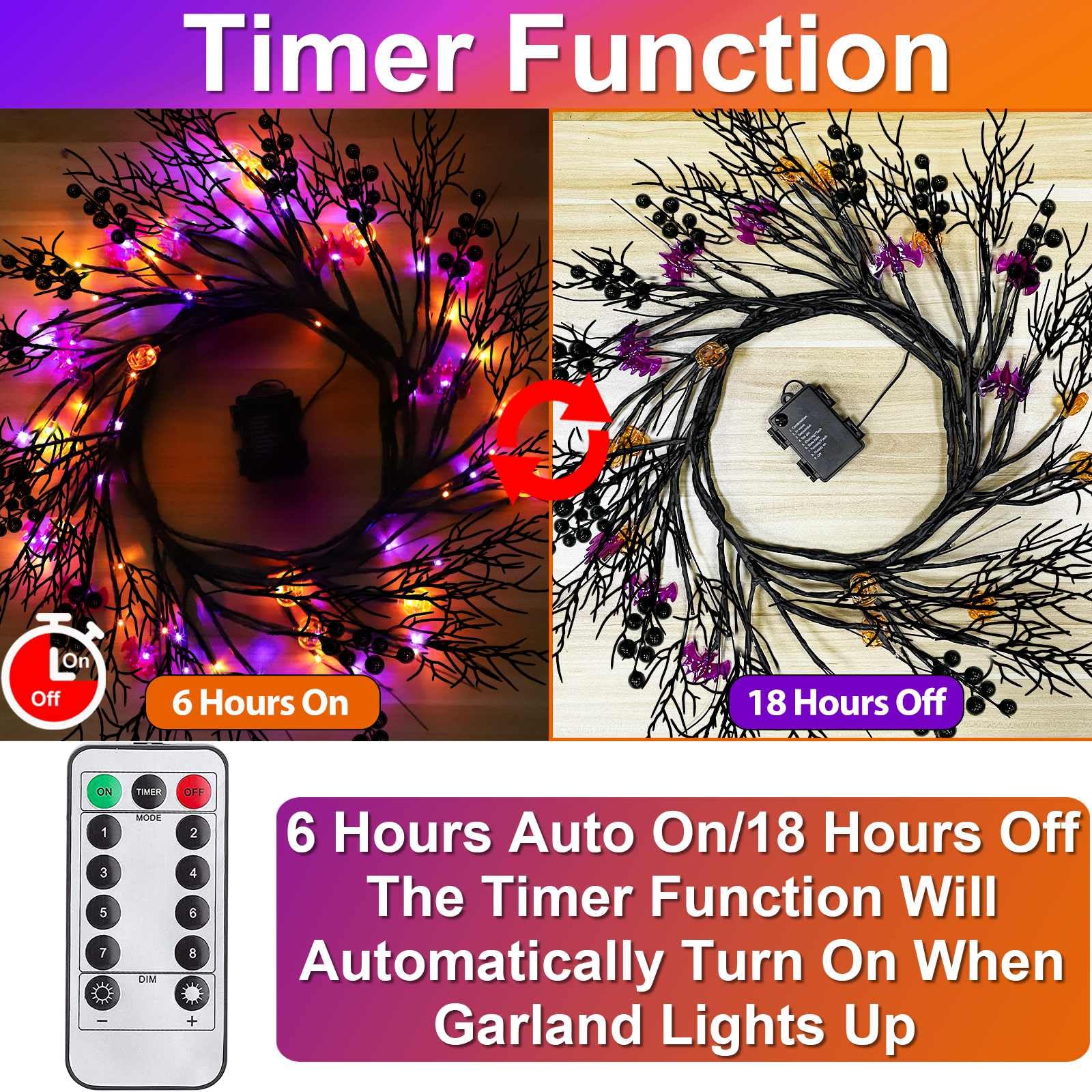 TURNMEON Remote Control Extra Long 9 Ft 72 LED Orange Purple Lights Halloween Willow Twig Decor Halloween Garland Timer 8 Modes