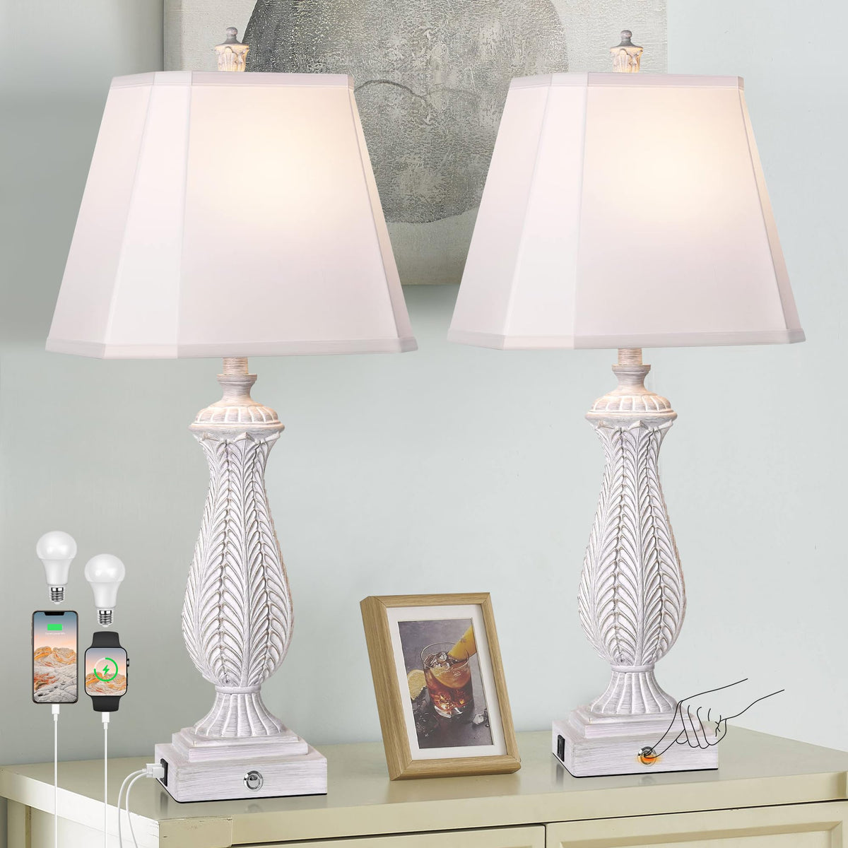 Wihtu Farmhouse Table Lamp Set Of 2, 3-Way Dimmable Touch Control Lamp For Nightstand, Beside Lamps With Ac&Usb Outlet, Oil Rubb