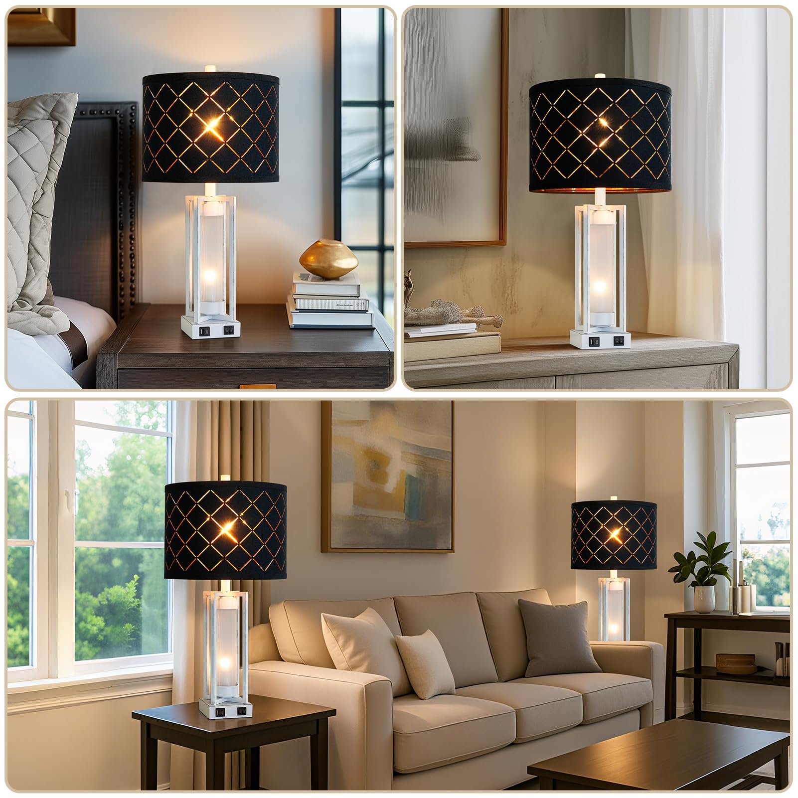 Roriano 25'' Set Of 2 Farmhouse Table Lamps With Usb C+A Ports, Rustic Retro Nightstand Lamps With White Night Light, Black Grid