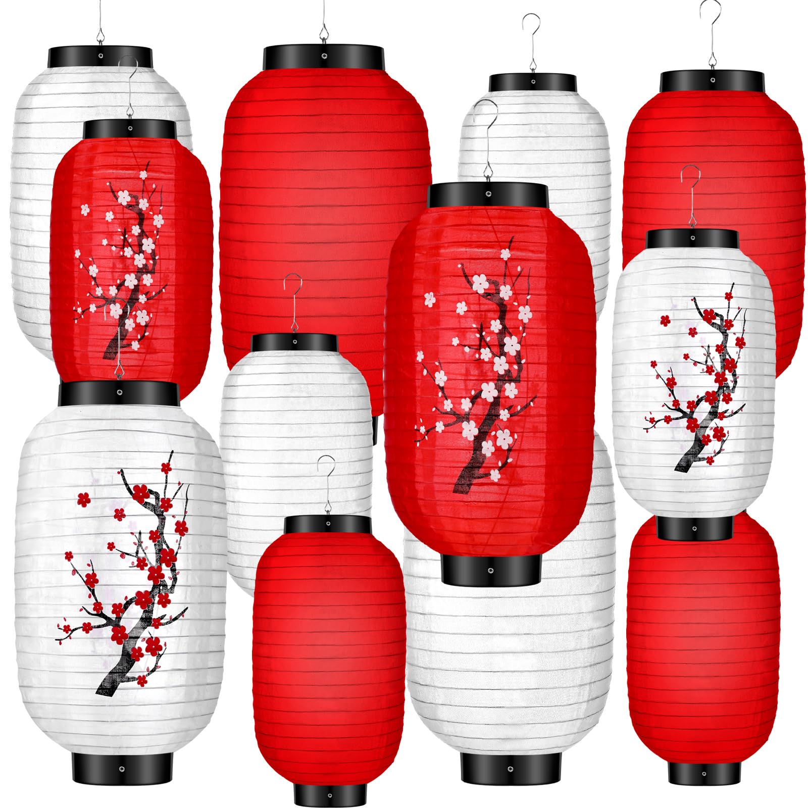 Riakrum 12 Pcs Traditional Japanese Style Hanging Lantern Plum Blossom Paper White Red Japanese Lantern Decorations for Birthday
