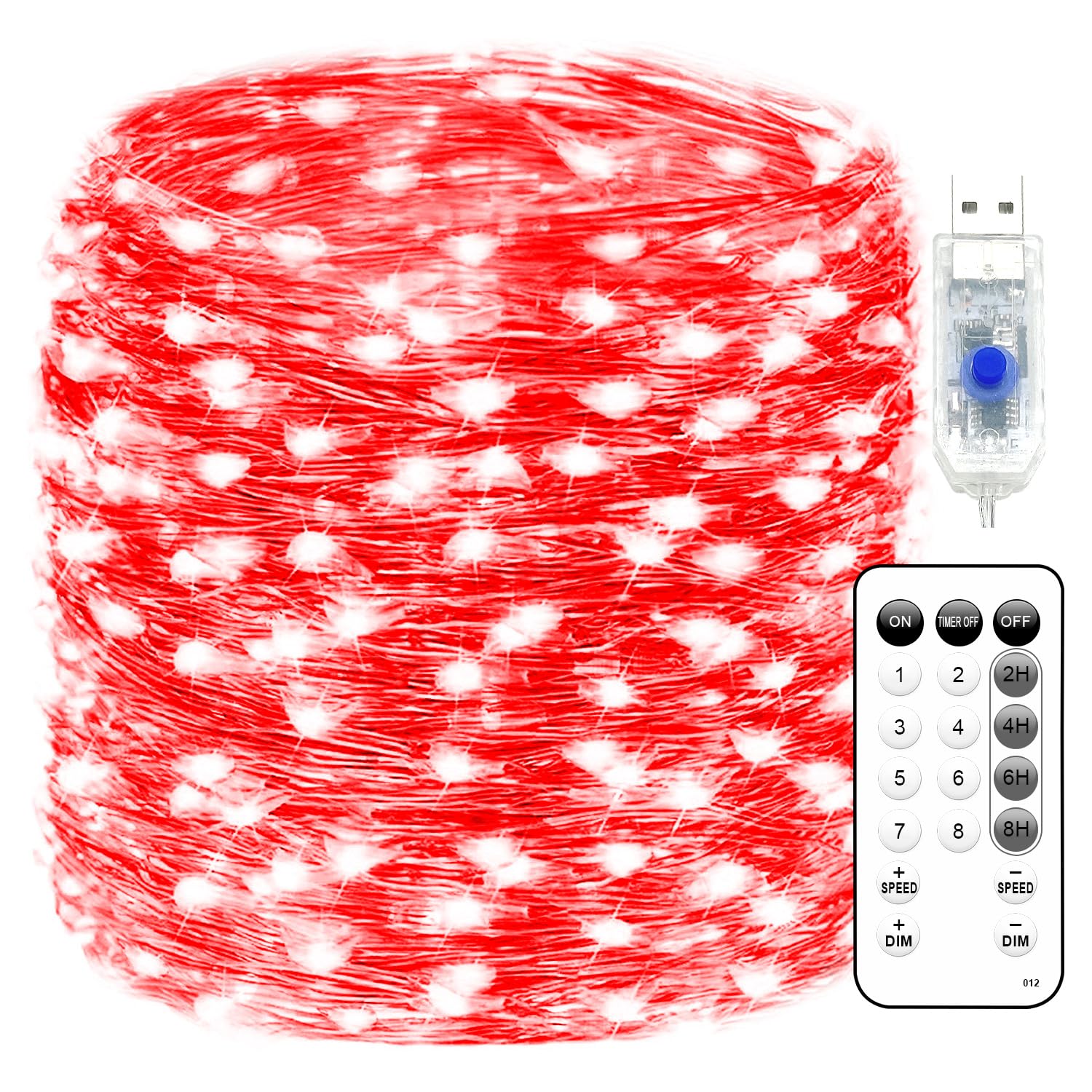 Fairy Lights 66ft 200 LED USB Twinkle String Lights Plug in Silver Wire Lights with Remote and Timer 8 Modes Outdoor Waterproof Starry Lights DIY Party Wedding Christmas Decoration(Red)