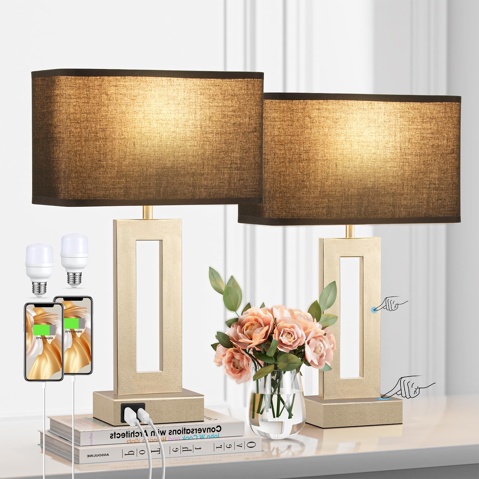 Bedroom Table Lamps Set of 2 - Black Gold Touch Bedside Lamps with USB C+A, 3 Way Dimmable Gold Lamp for Nightstand, Modern Nigh