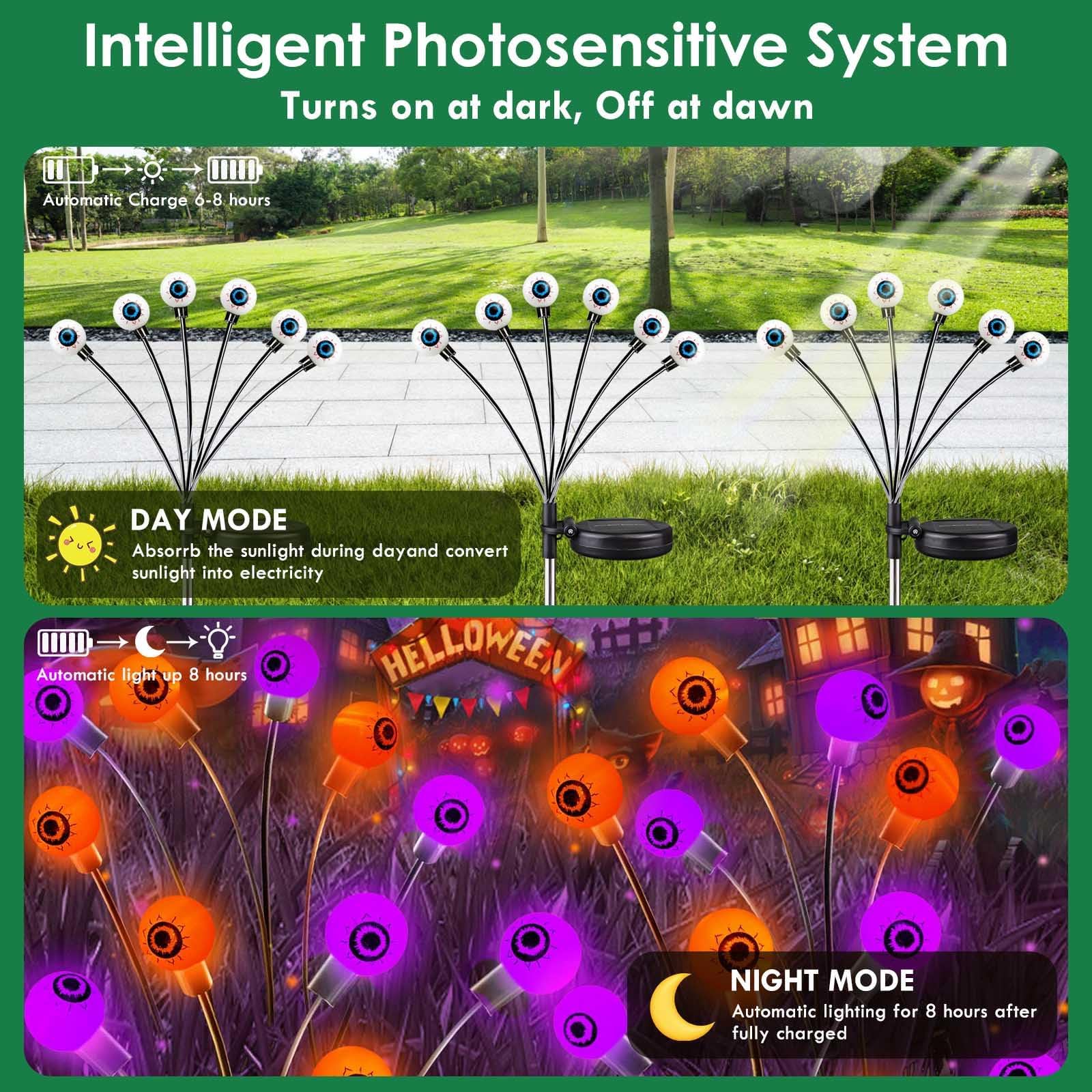 Bossern 6-Pack Solar Eyeball Halloween Lights - Purple & Orange Waterproof Garden Decor