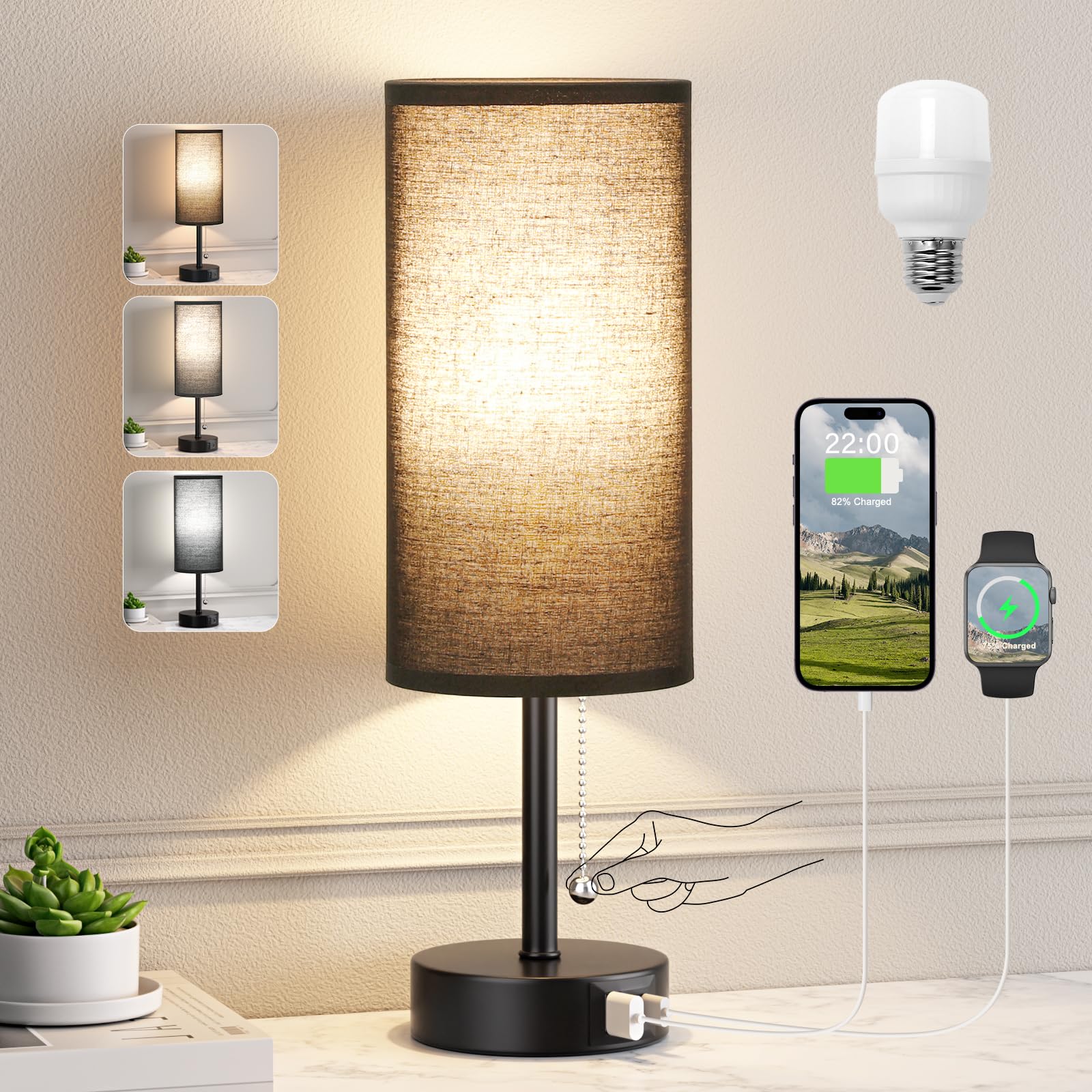 Black Bedside Lamp for Bedroom Nightstand - Small Table Lamp with USB A + C Charging Port, 3 Color Temperatures Pull Chain Night