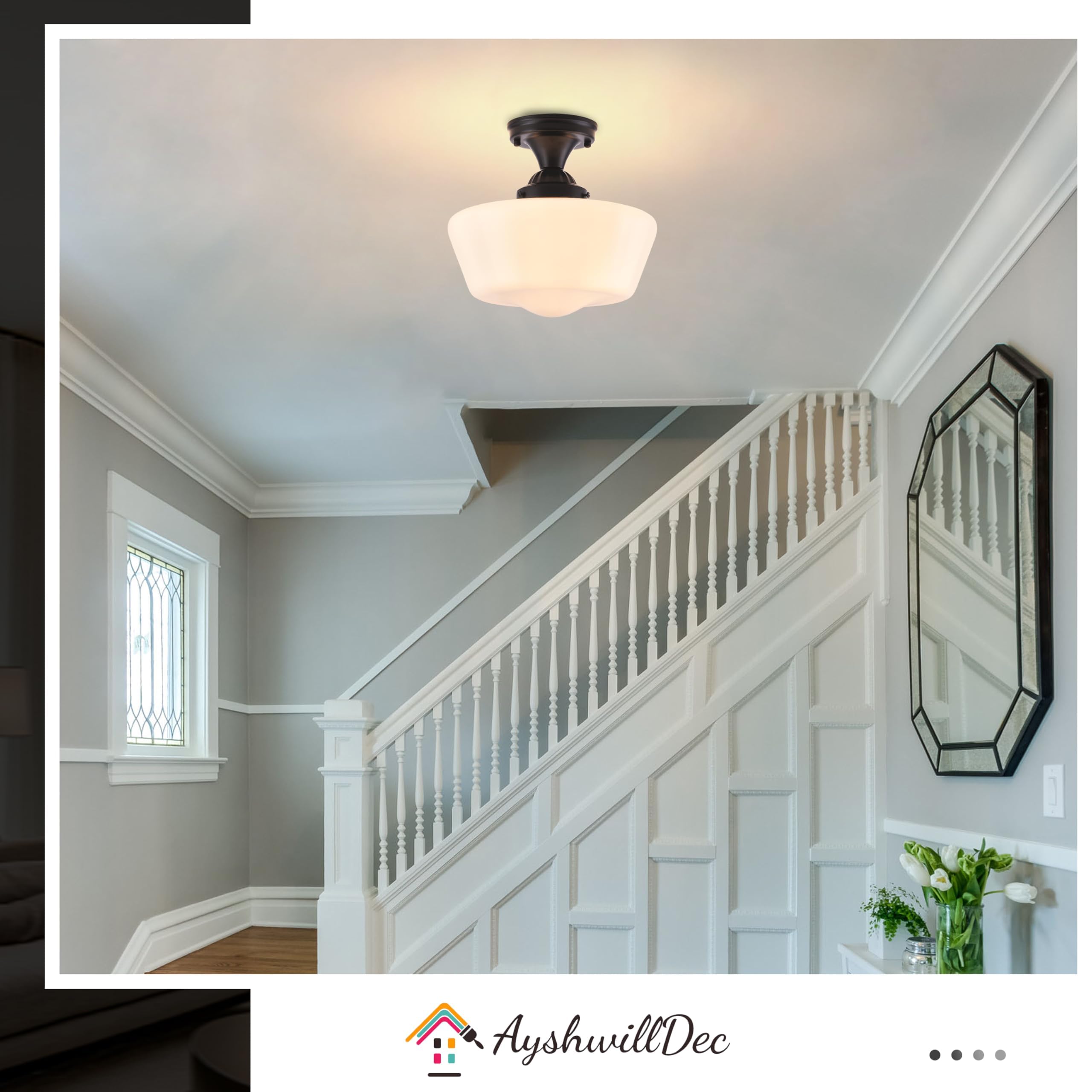 Ayshwilldec 12'' Mid Century Black Semi Flush Mount Light Fixture With Milk Glass, Led Bulb