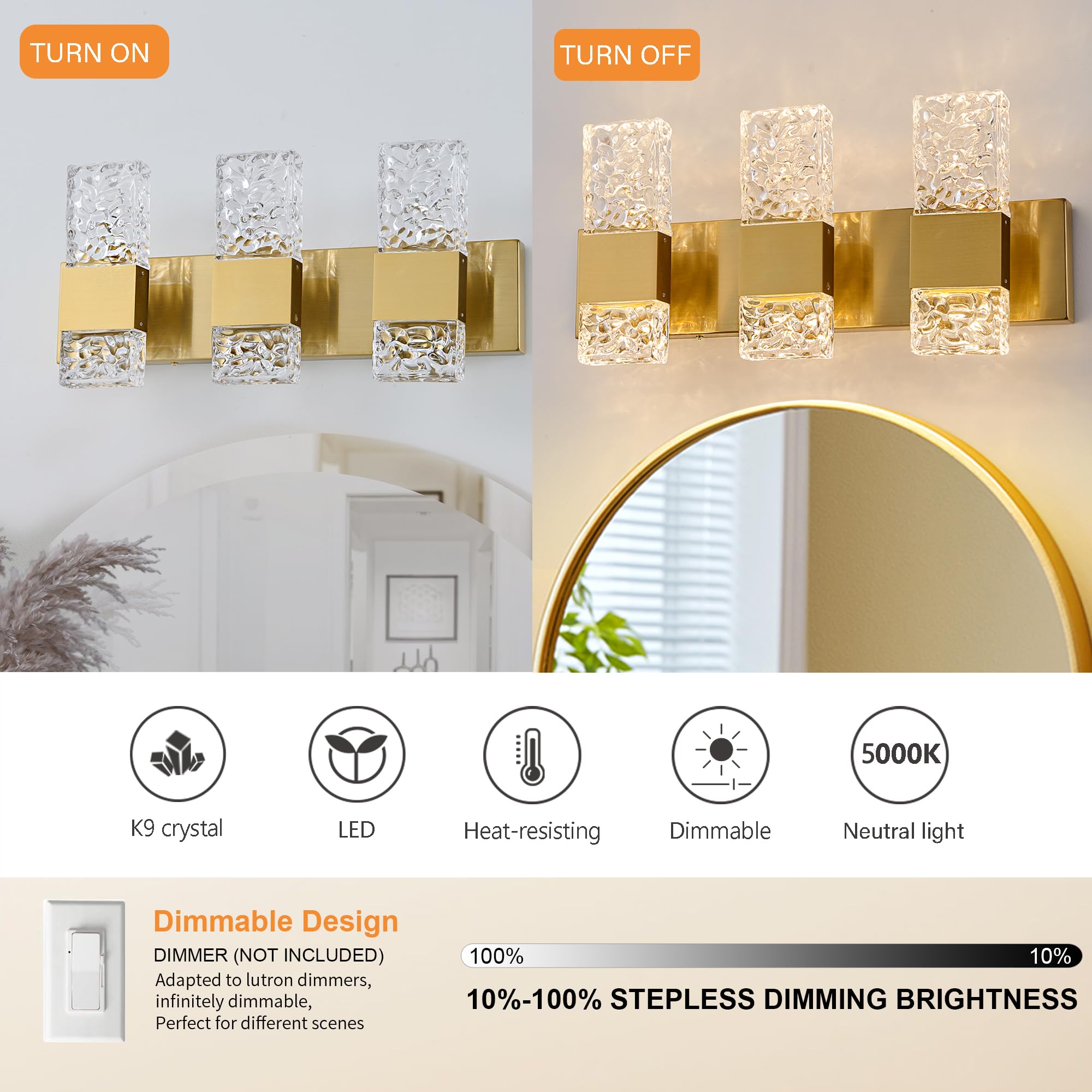 Oylyw Gold Bathroom Vanity Lights - 3 Light Brushed Stainless Steel Led Fixture, Modern Design, 3000K Warm Light, Model Jq1428-3Tg
