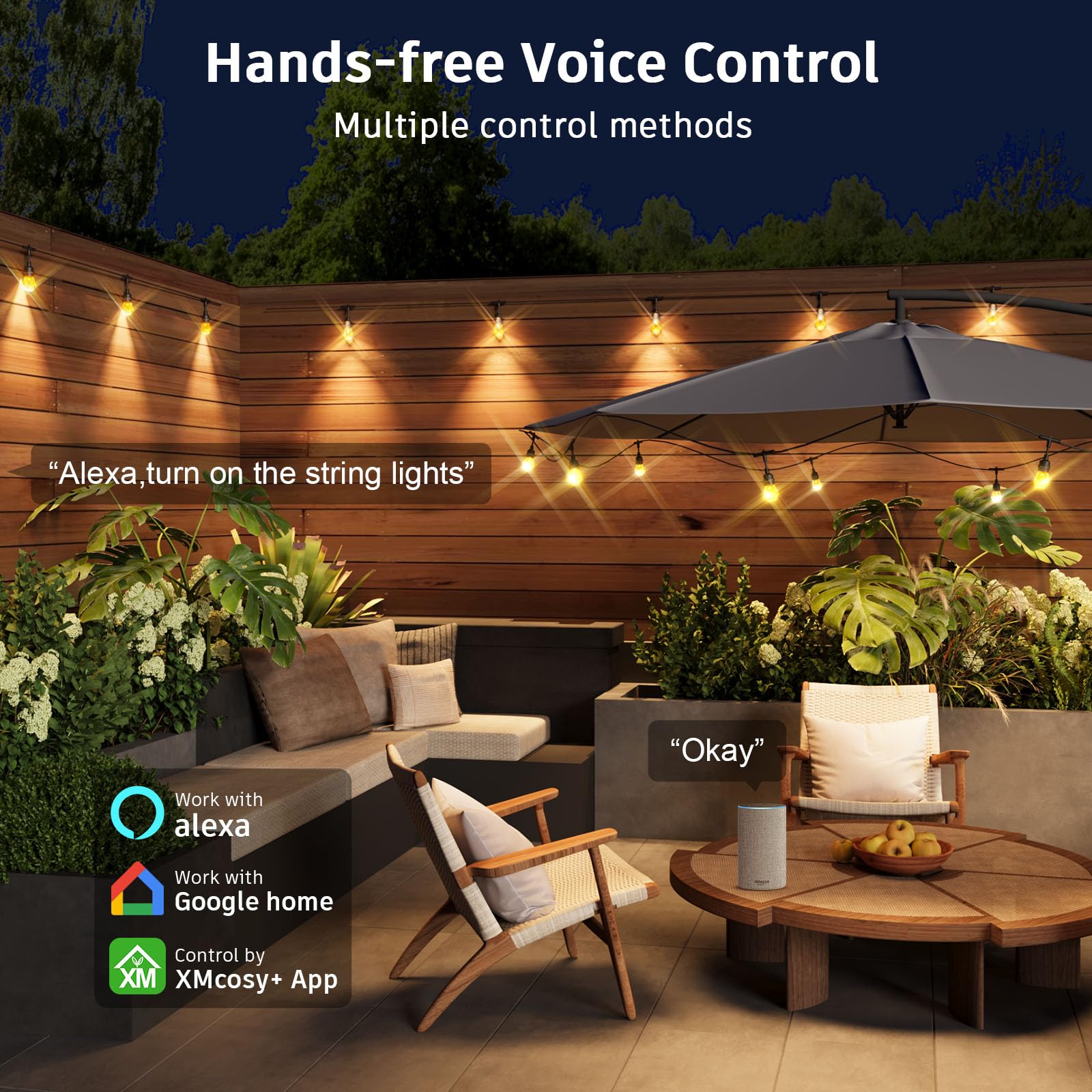 Xmcosy+ Smart Outdoor String Lights - 123Ft Rgbcwic Patio Lights With 40 Color Changing Bulbs, Led String Light For Outside Back