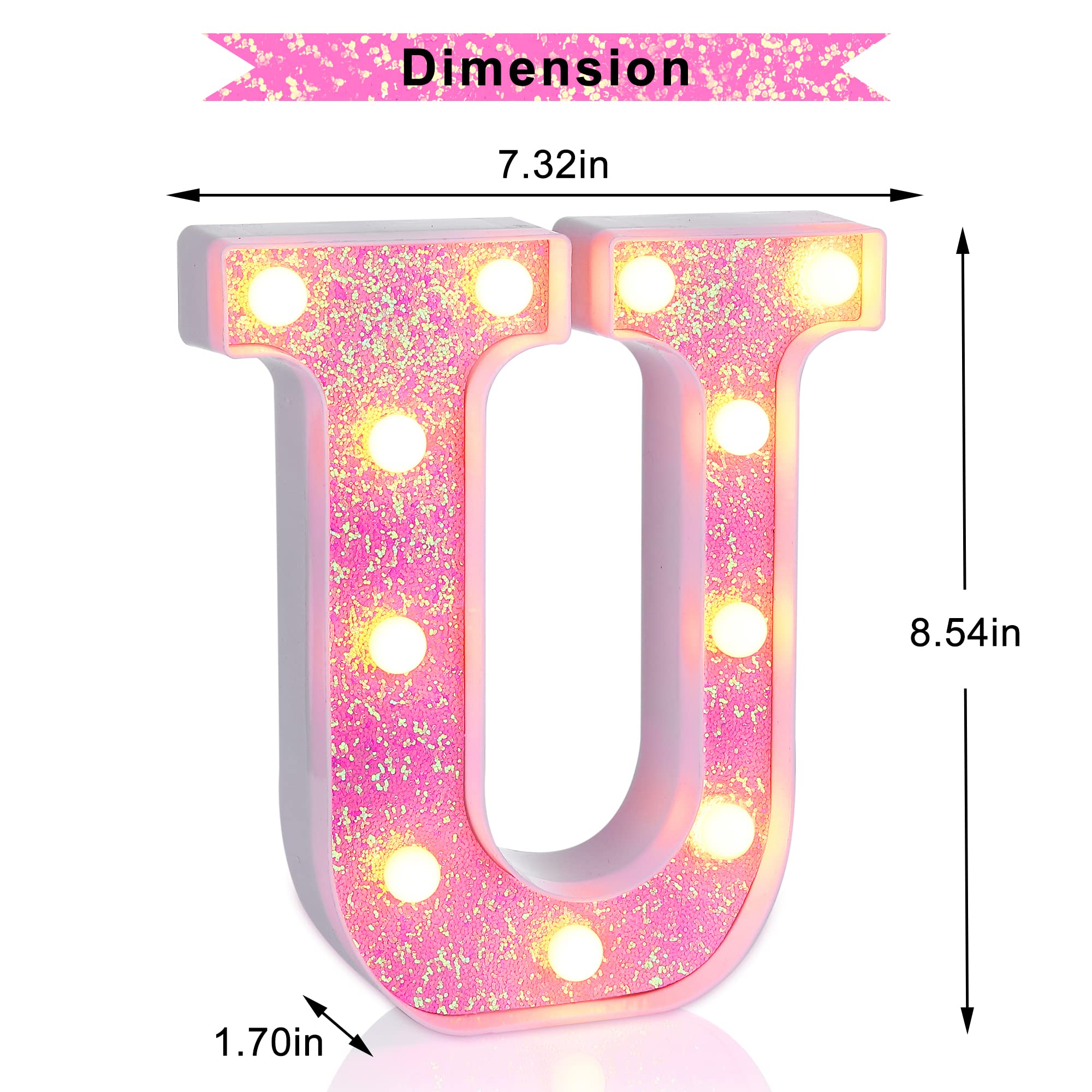 Foaky LED Letter Lights Sign, Pink Glitter Alphabet, Battery Powered Night Light for Parties, Home Bar Decoration, Color U