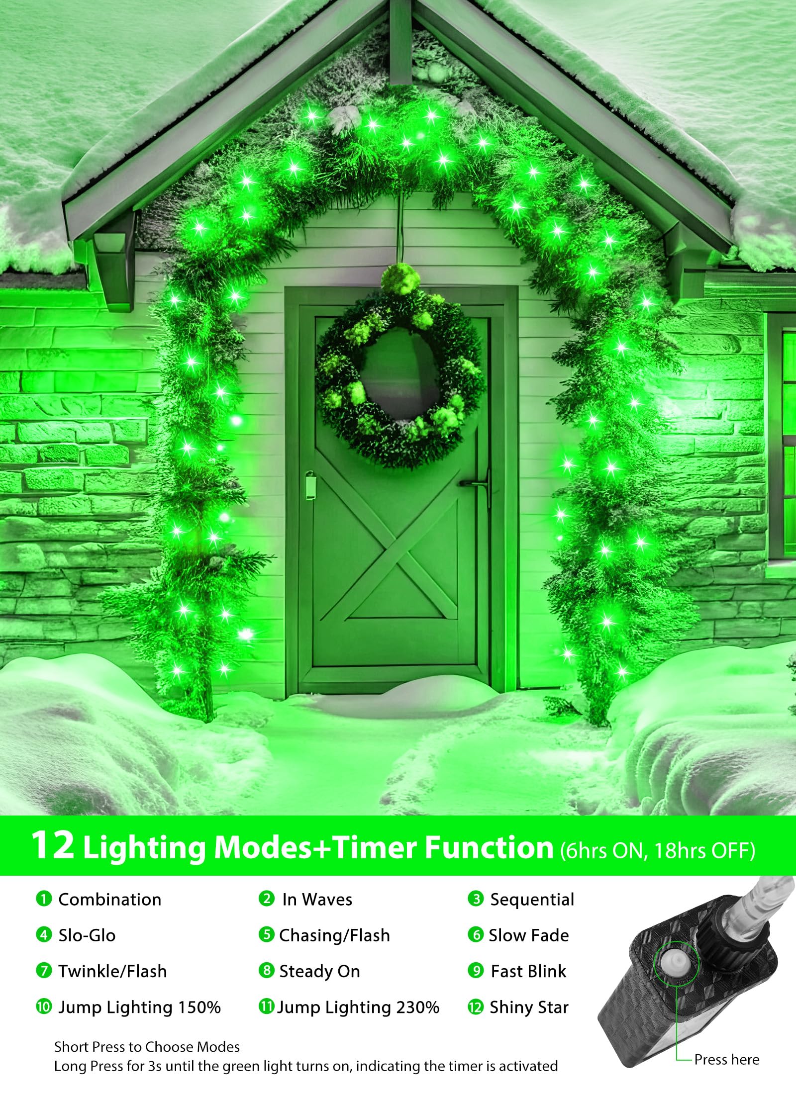 Minetom Christmas Lights - 200 LED Cluster String Lights, 10FT, Waterproof, 12 Modes, Green, Model DMO-S-200
