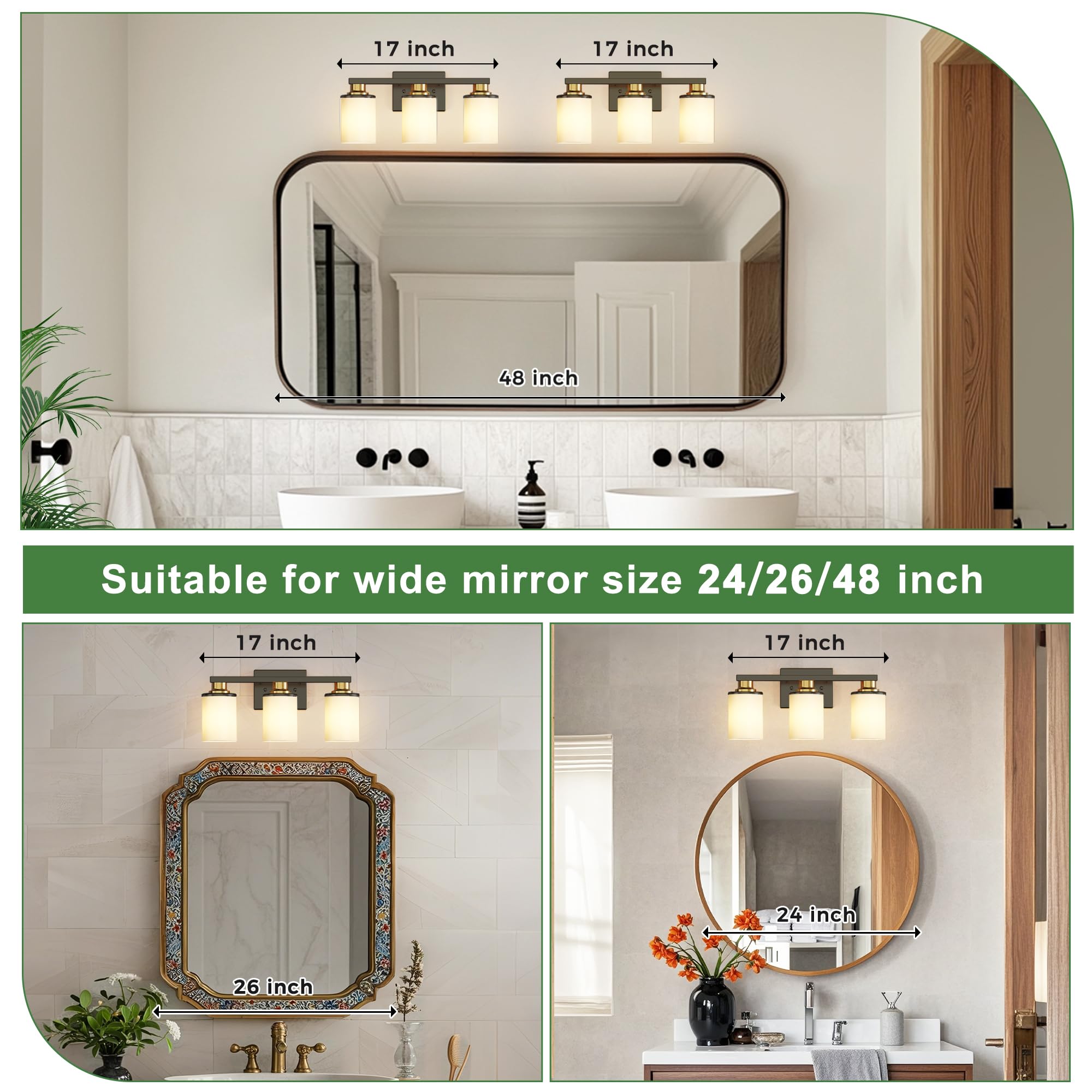 Doresshop 17 Inch Bathroom Light Fixtures  3-Light Black And Gold Bathroom Lighting Fixtures Over Mirror With Milk Glass Shade  Vanity Lights For Living Room Bedroom
