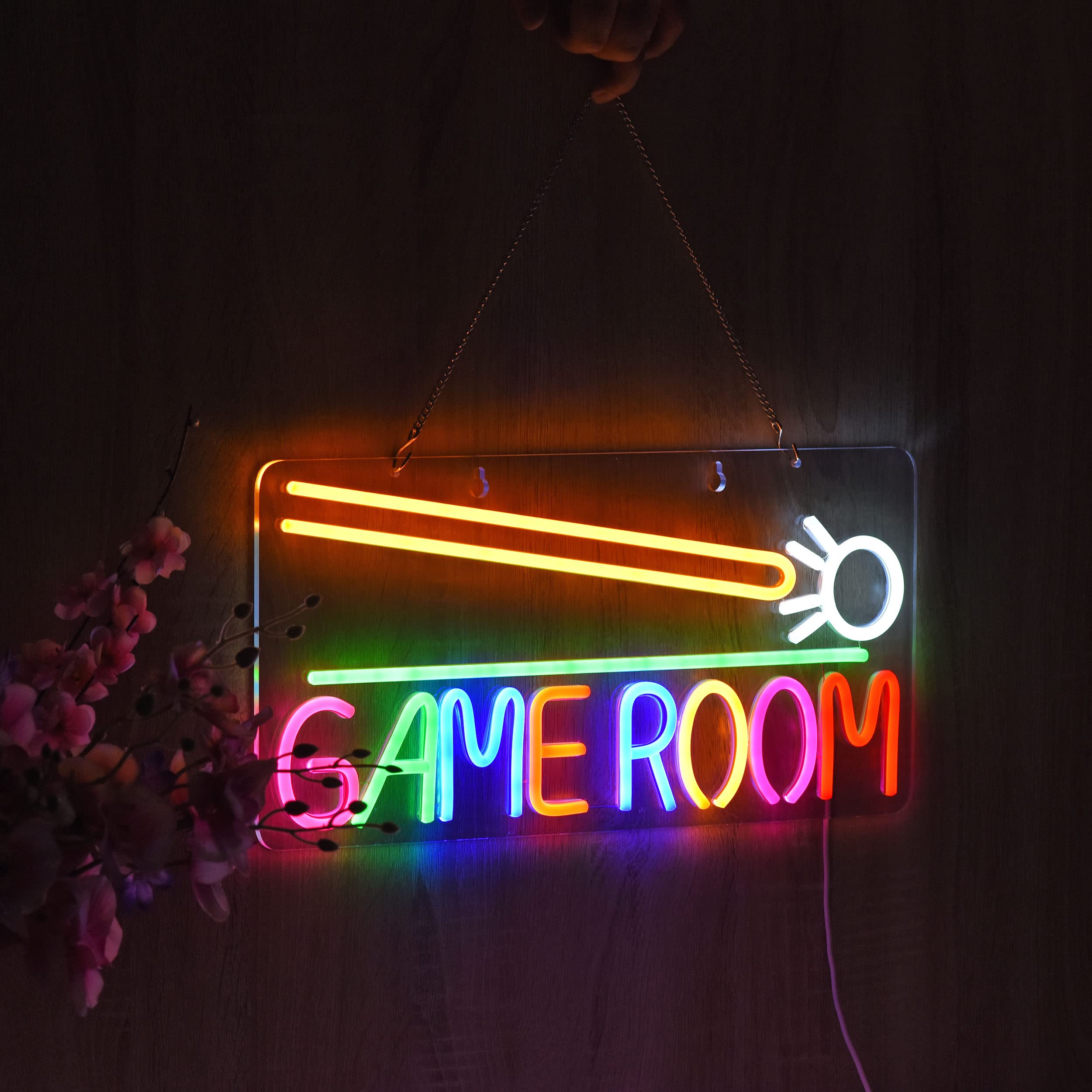 Roouneon LED Neon Light Sign for Game Room, Billiards, Dimmable, Green+White, Acrylic, Model LED-GR Billiards