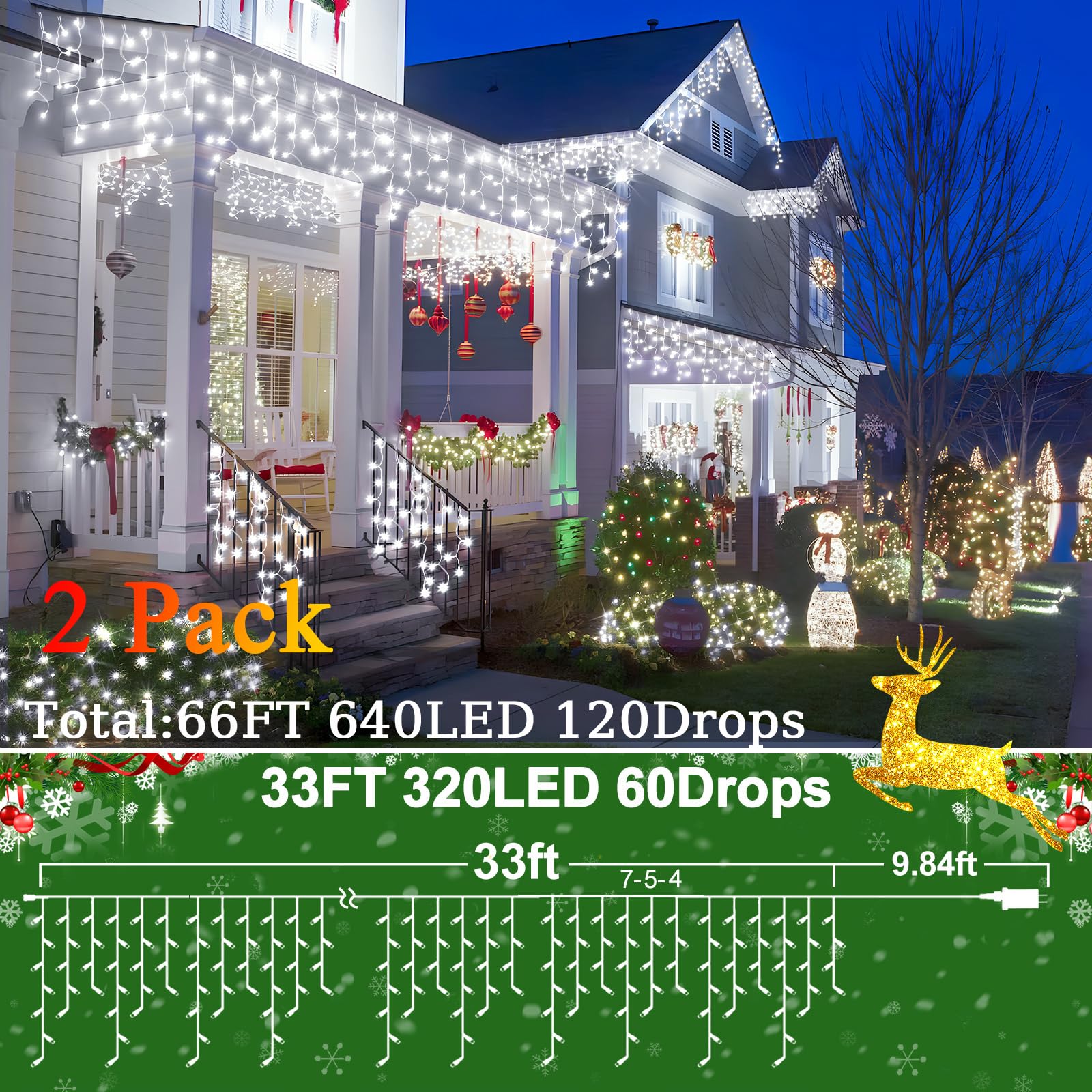 Sauirs 2Pack 320 Led Christmas Lights Outdoor Decorations With 120 Drops Timer 8Mode 66Ft Curtaing Lights Waterproof Plug In Fai