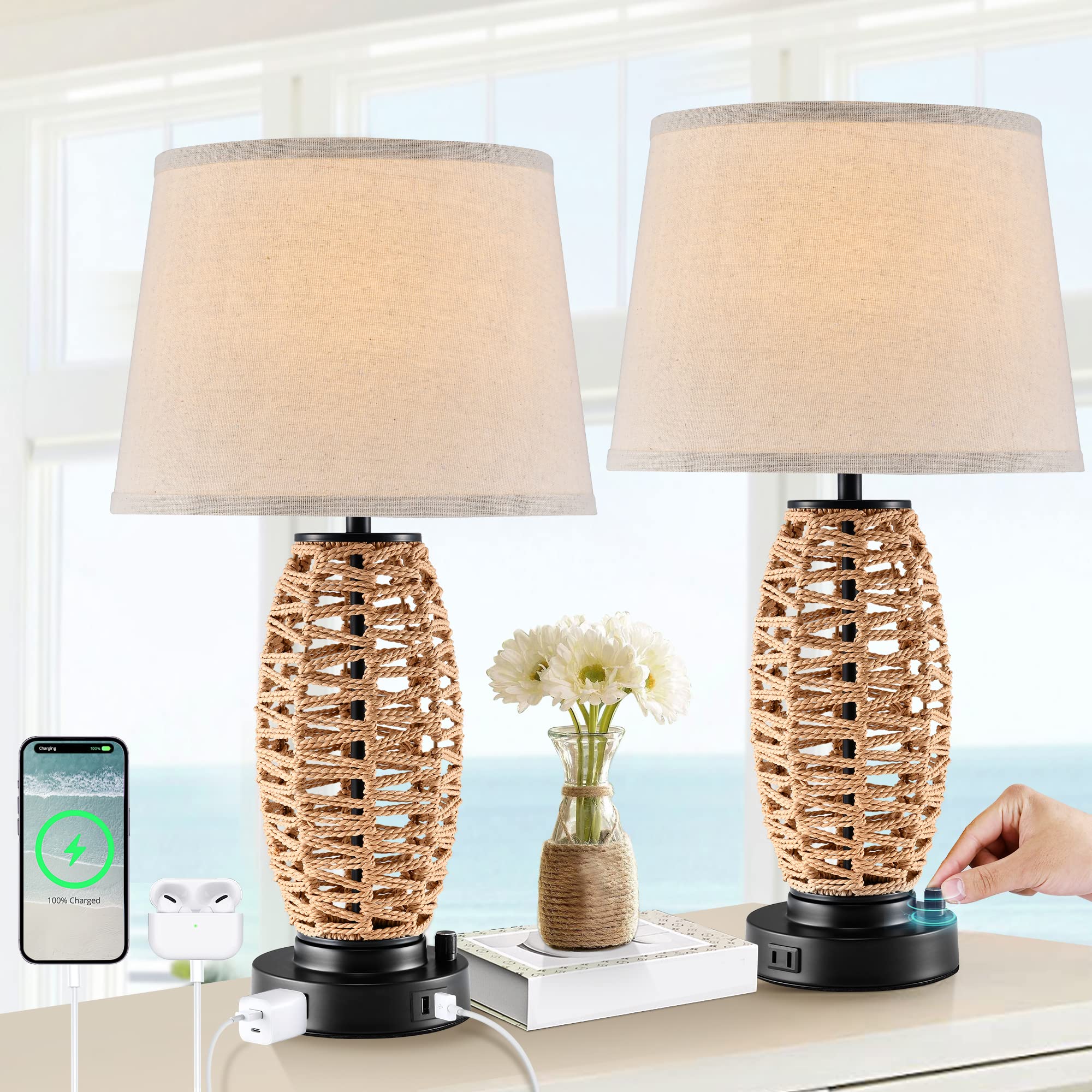LEDIARY Coastal Rattan Table Lamp with AC Outlet and 2 USB Ports, 0-100% Dimmable Wicker Lamps for Bedrooms Set of 2, Farmhouse