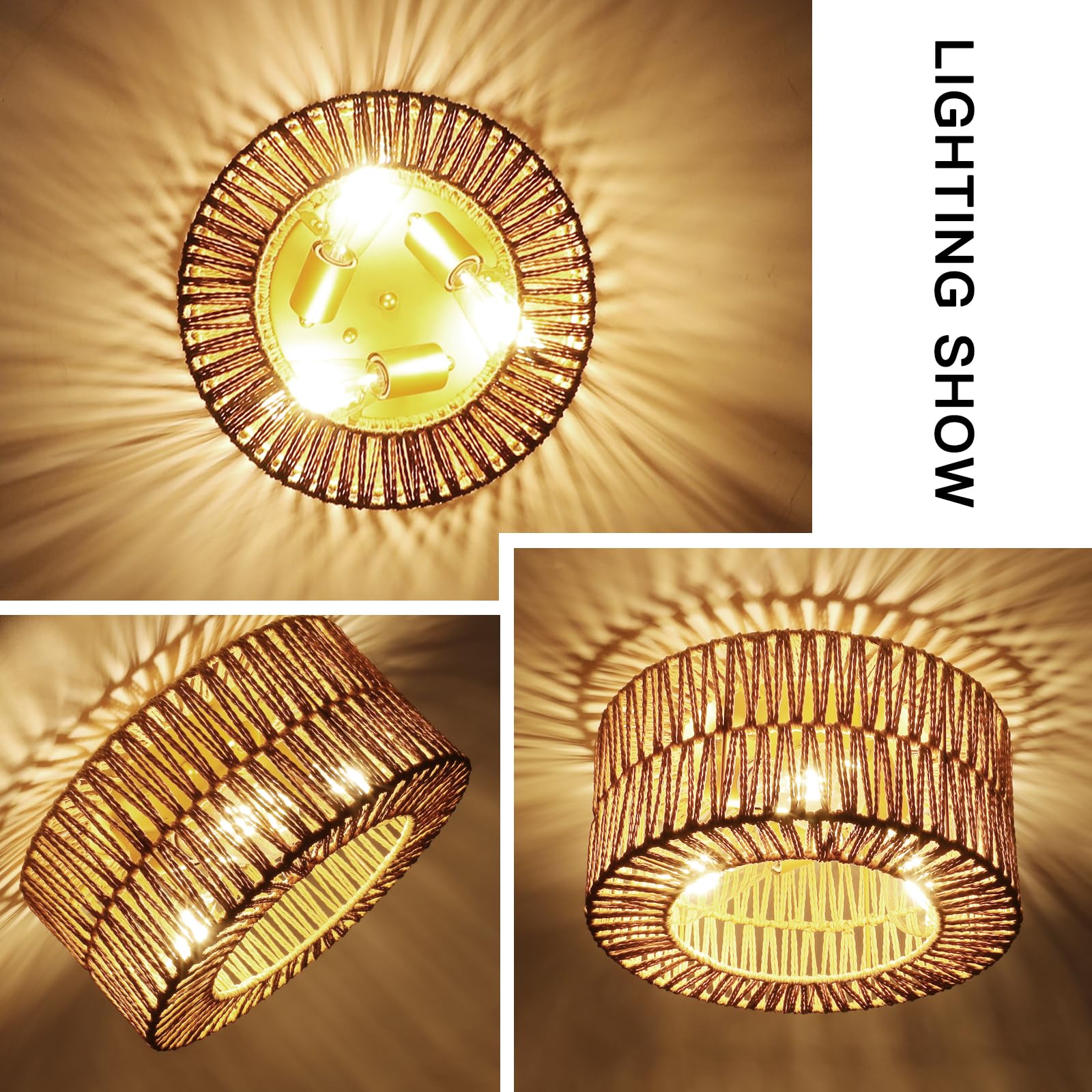 Foucasal 3-Light Rattan Ceiling Light Flush Mount - Boho Woven Chandelier For Farmhouse Decor