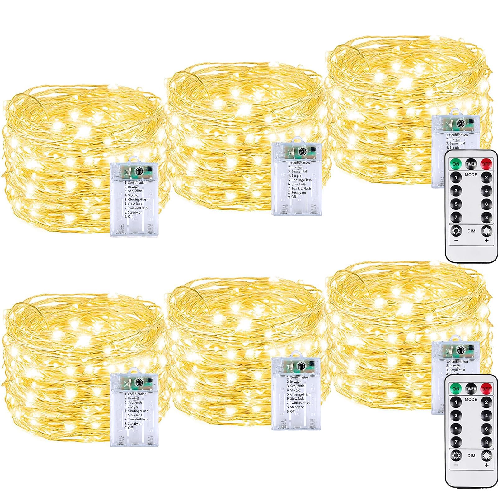 BOSSERN 6 Pack 60LED Battery Operated Fairy Lights, Warm White, Remote, 8 Modes, Timer, Dimmable, Waterproof, Model DCHD-06-60LED