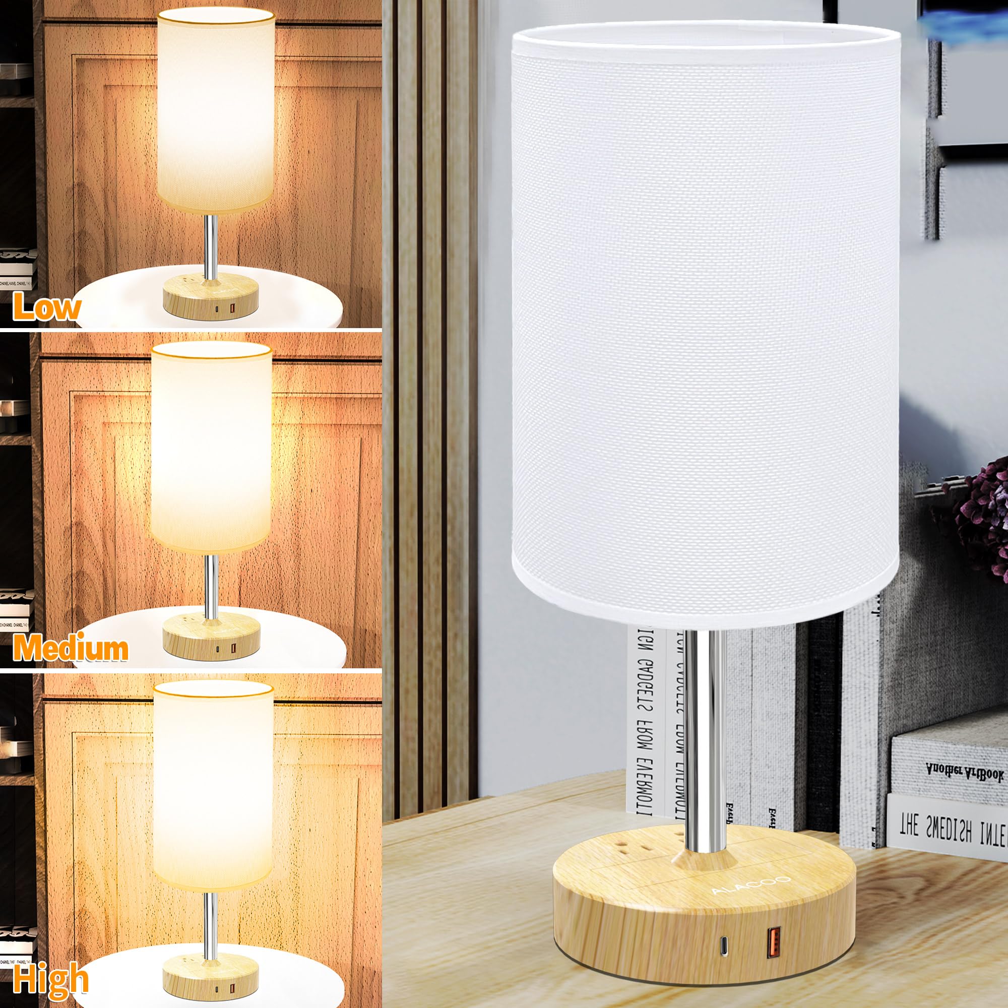 Alacoo Bedside Table Lamp For Bedroom, Touch Desk Lamps For Nightstand With Usb Charging Station 3 Way Dimmer Light With (1000W)