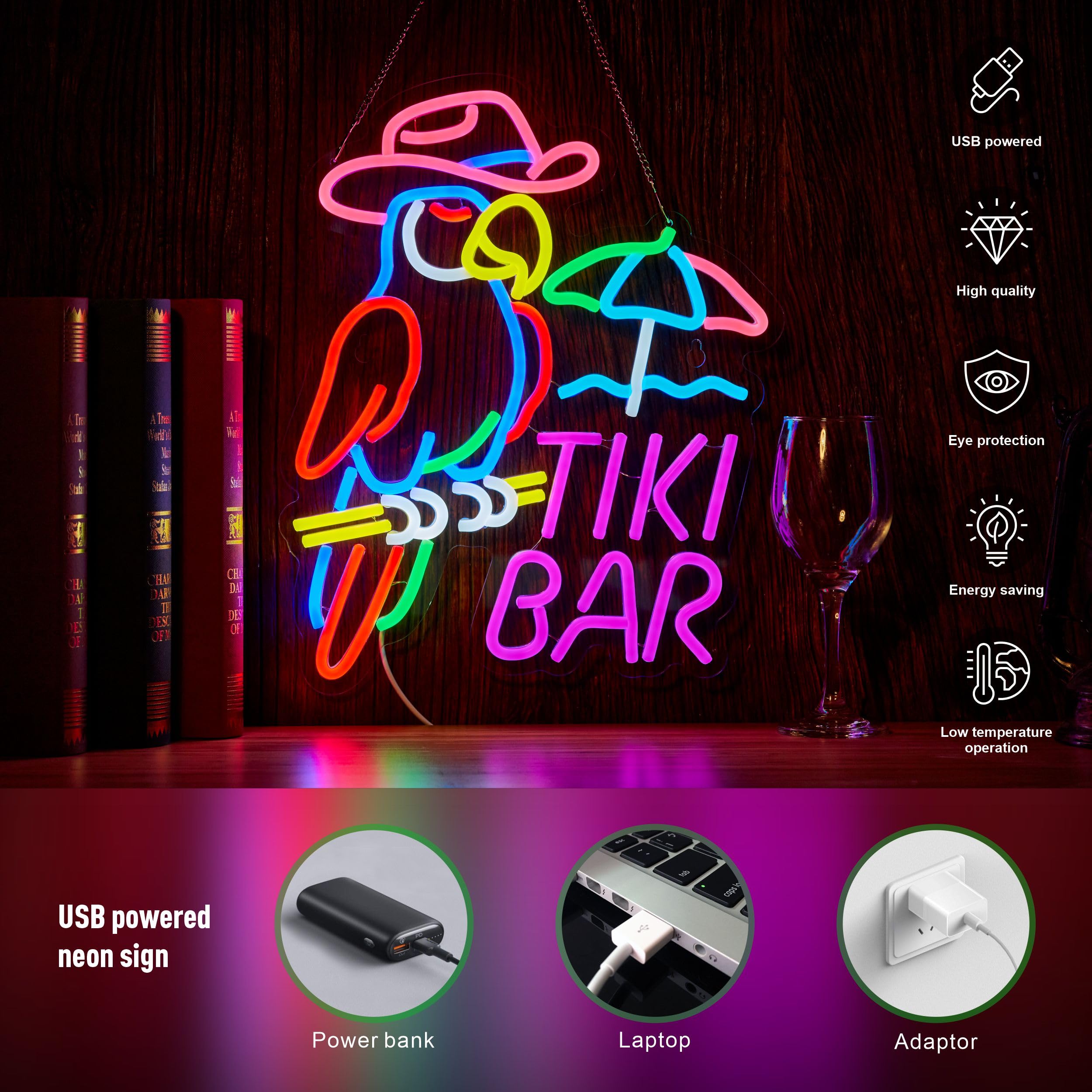 NEONLAND Tiki Bar Parrot Neon Sign LED Light - Acrylic Wall Decor, Dimmer, Rose/Pink/Blue for Pub, Party, Man Cave