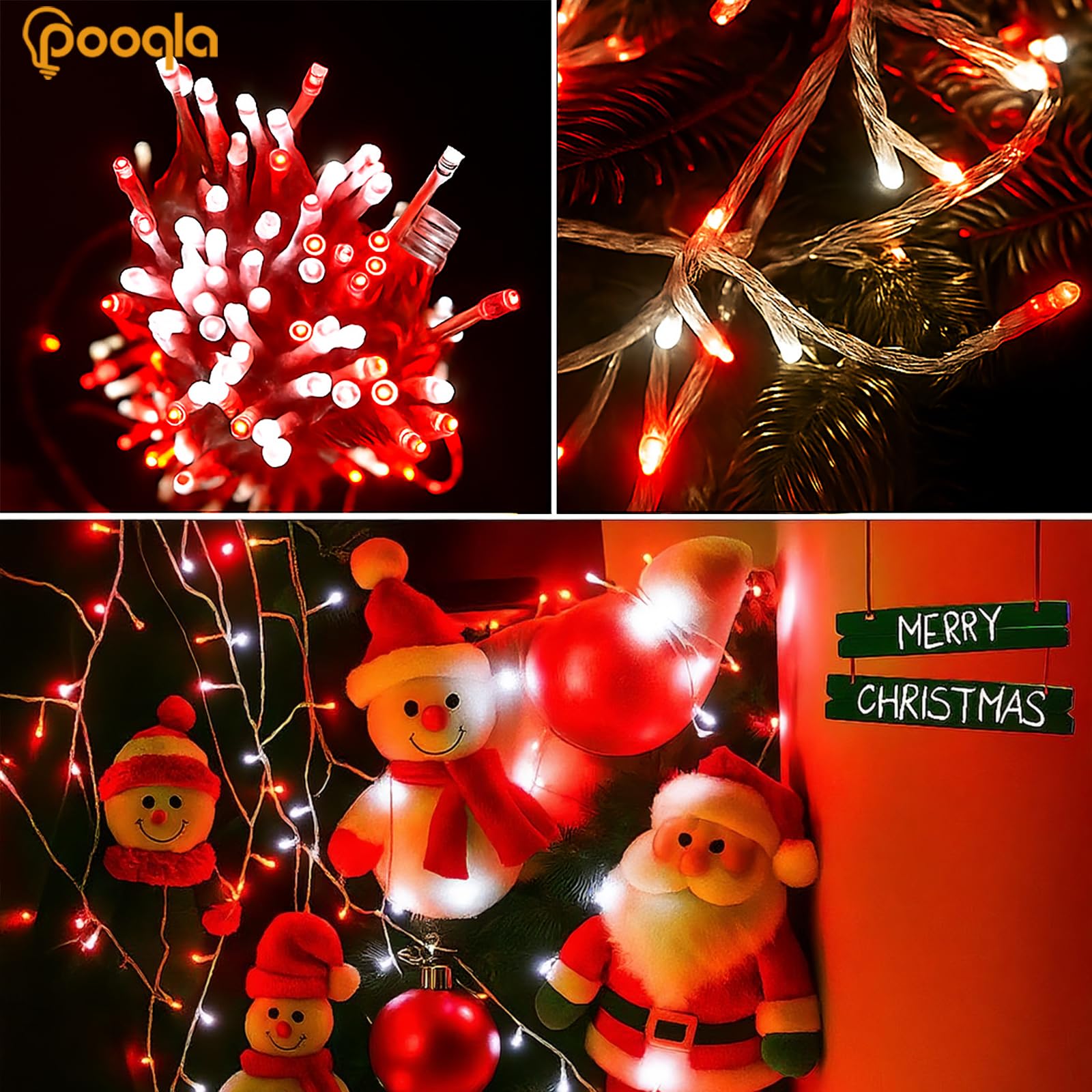 Pooqla Christmas String Lights, 66 ft, 200 LED, Clear Wire, 8 Modes, Red and White