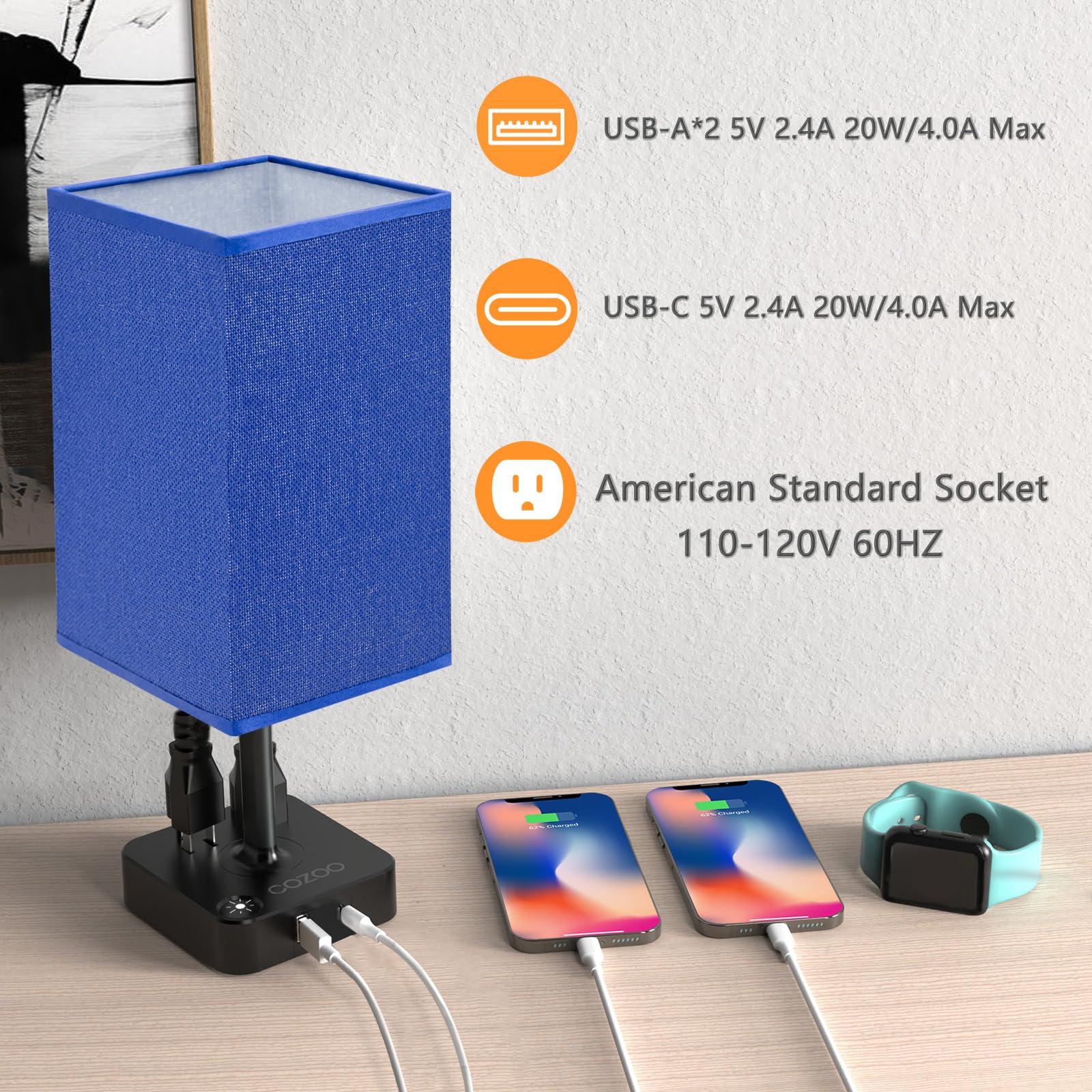 Dimmable Table Lamp With Blue Shade Bedside Lamp With Light Bulb,2 Usb C+A Ports And Dual Ac Outlets,3 Way Dimmable Touch Small