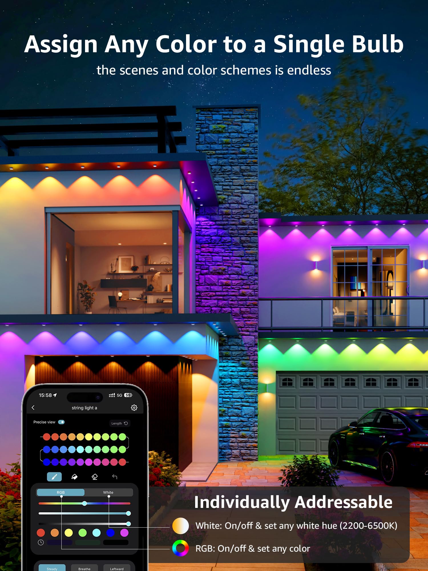 Lepro E1 AI Outdoor Lights, 50ft Smart RGB+IC, 30 Warm/Cool White LEDs, Alexa/Google Compatible, 2.4 GHz WiFi
