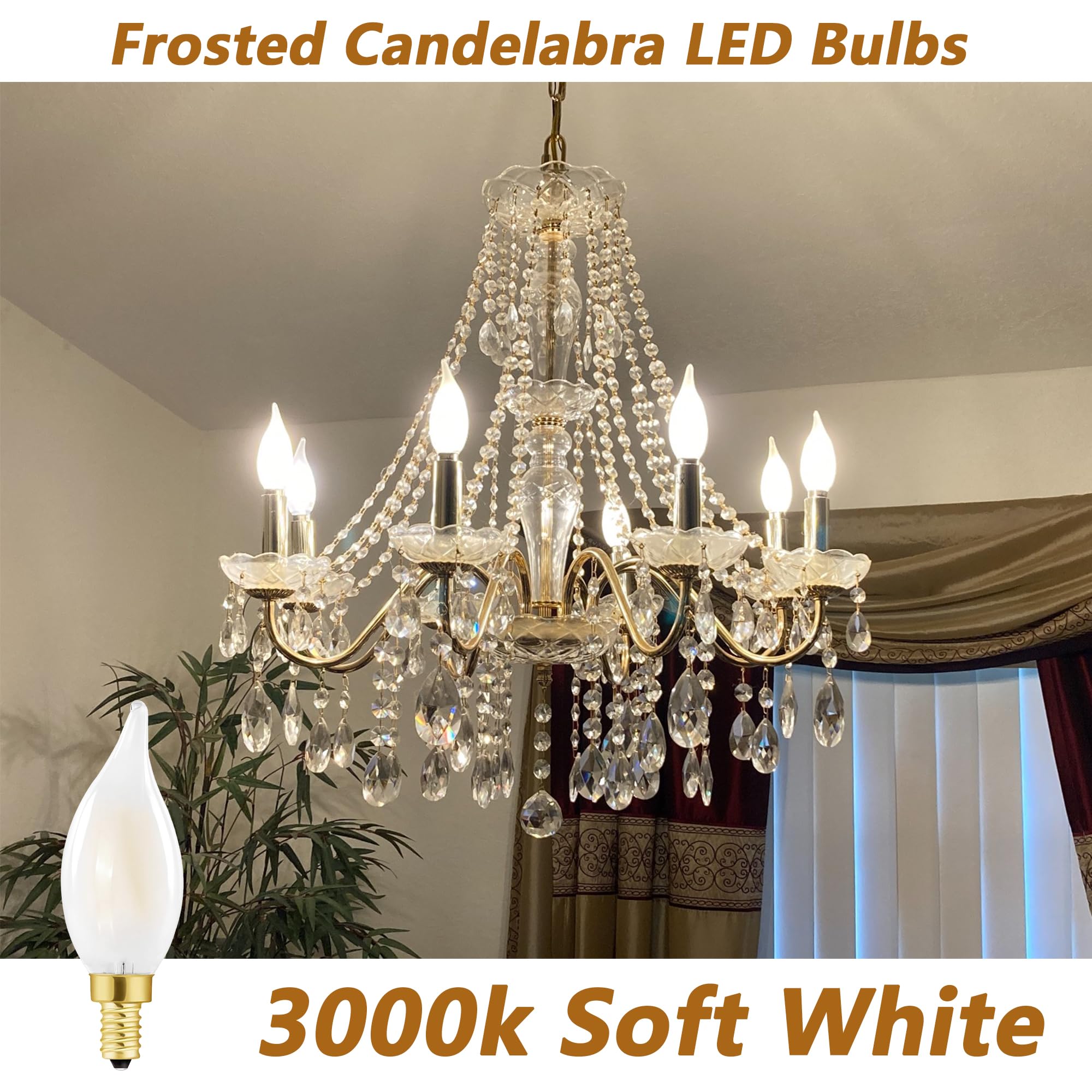 Homosum E12 Frosted Candelabra Light Bulbs, 2W Equivalent 20W, Soft White 3000K,250Lm,Dimmable Chandelier Led Bulbs For Dining R