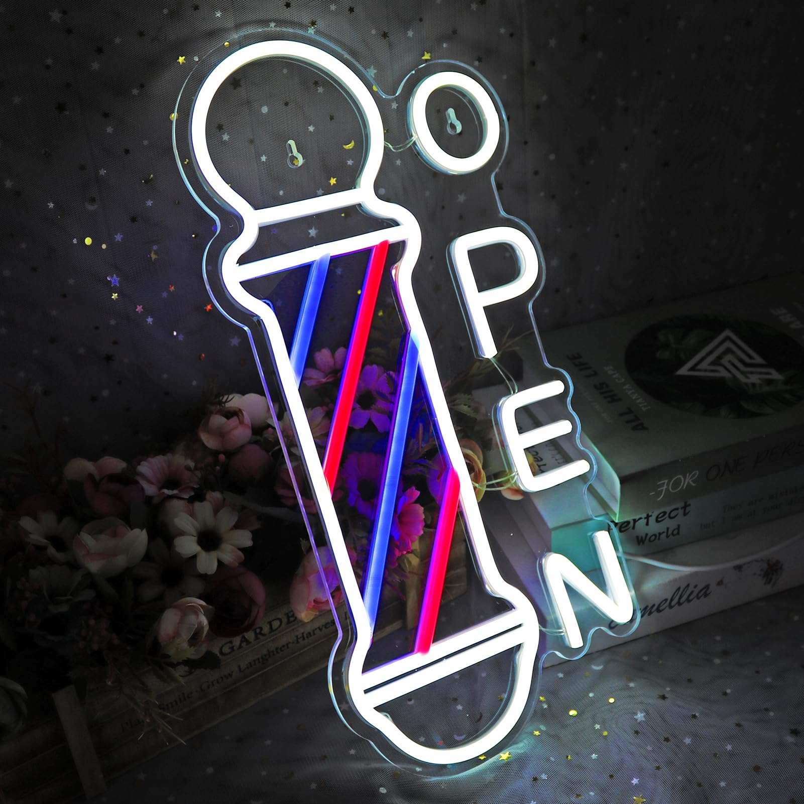 Barber Shop Open Neon Sign Hair Salon Supplies Neon Lights Wall Decor For Barber Shop  Barber Pole Logo Barber Shop Barber Supplies  Barber Accessories  Dimmable Usb Power Blue Red White(16.5X7.8)