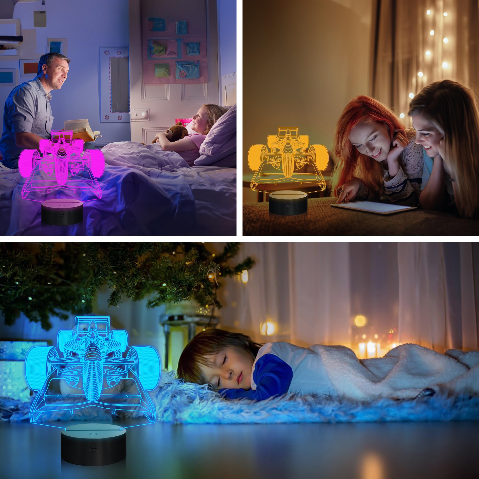 OkiyiD 3D Illusion Lamp, Formula 1 Racing Car Night Light, Remote Control, 16 Colors, Model FS-2810-9999, Color 15