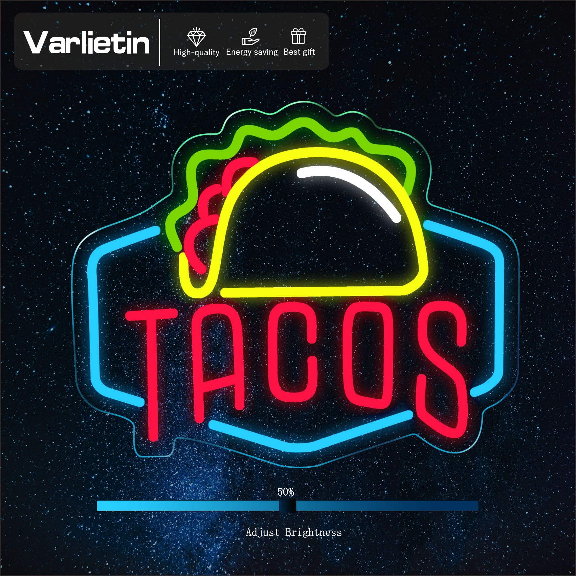 VarLietin Neon Sign for Wall Decor, USB Powered Taco Light, Acrylic, Blue Yellow Green Tacos
