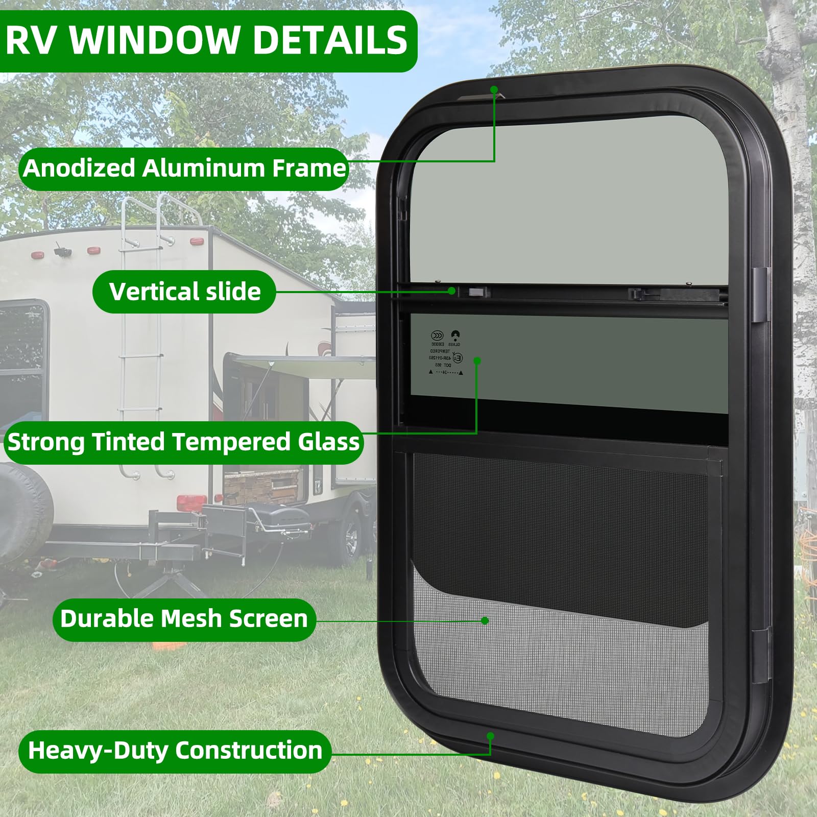 NOVINO RV Windows Replacement for Cargo Trailer, 15inW x 22inH, Vertical Sliding, Black, Model NRW-004, Fits 15/16in or 1-3/8in