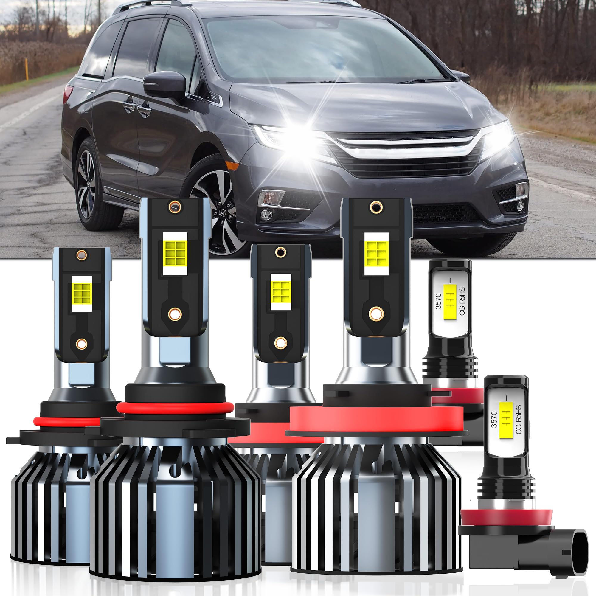 XG Glitter Lights Fit For Honda Odyssey 2011-2020, 9005 High Beam H11 Low Beam H11 Fog Light Bulbs, High Power 6500K White Light