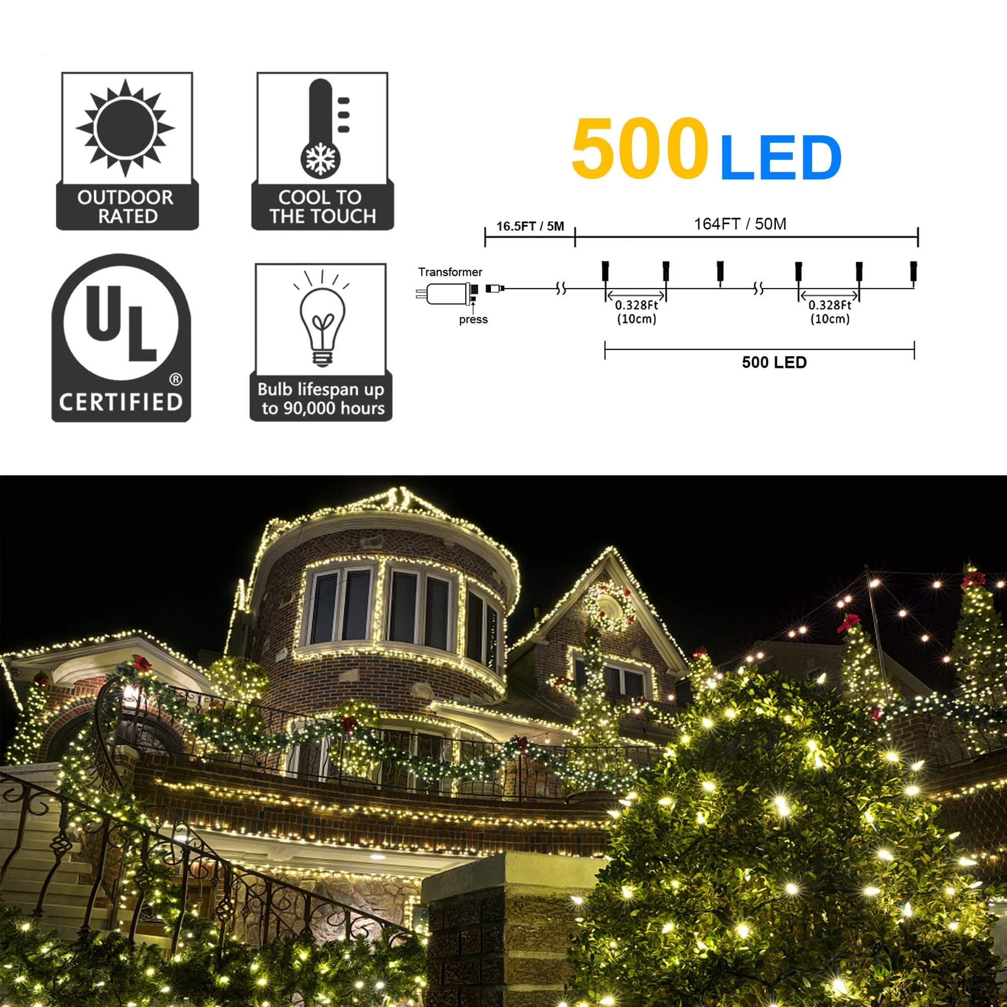 weillsnow LED Christmas Lights 164FT 500 Waterproof Twinkle Warm White HB-500COI