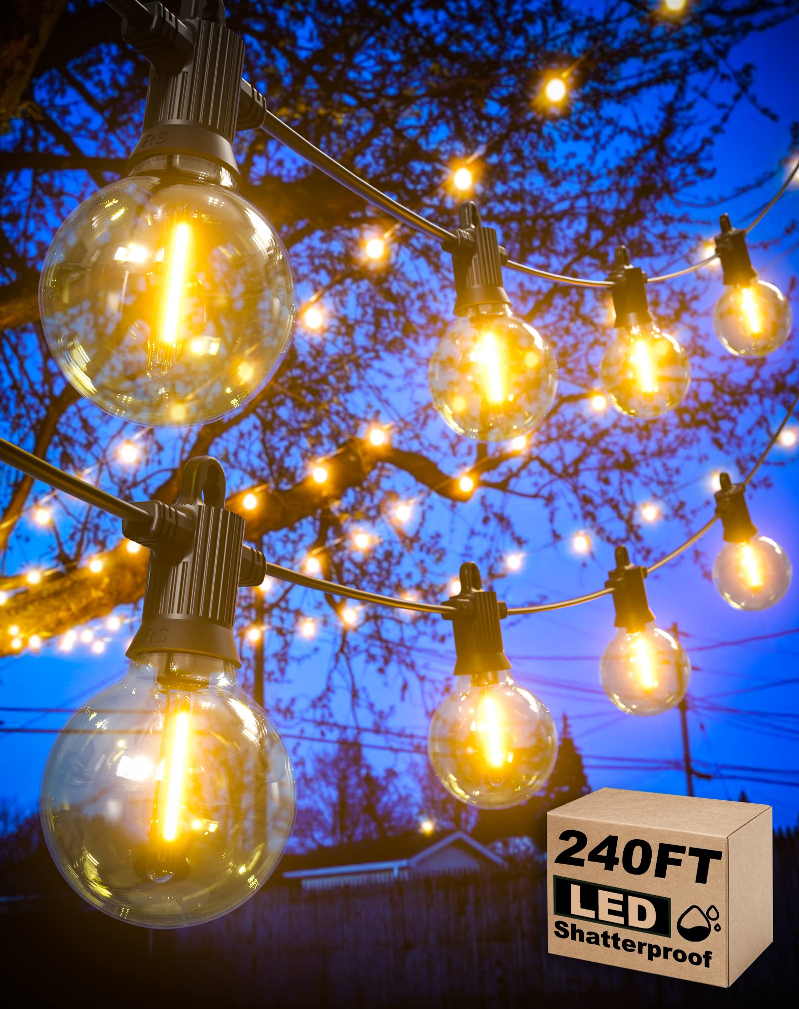 Zuske Outdoor String Lights Waterproof, 240FT Patio Lights with 124 Shatterproof G40 Globe Bulb(4 Spare), Connectable Dimmable H