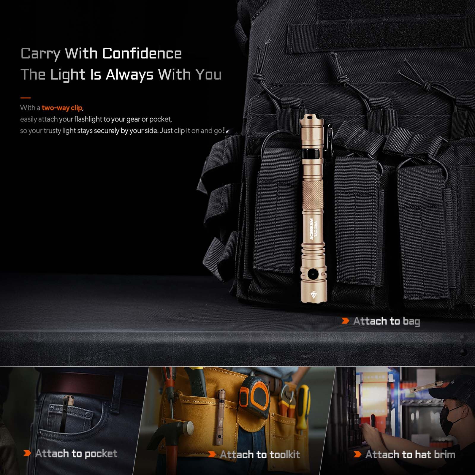 ACEBEAM TAC 2AA Tactical Flashlight - 1400 Lumens, Rechargeable, Aluminum, Desert Color, Dual Modes, Compact EDC for Camping & Emergency