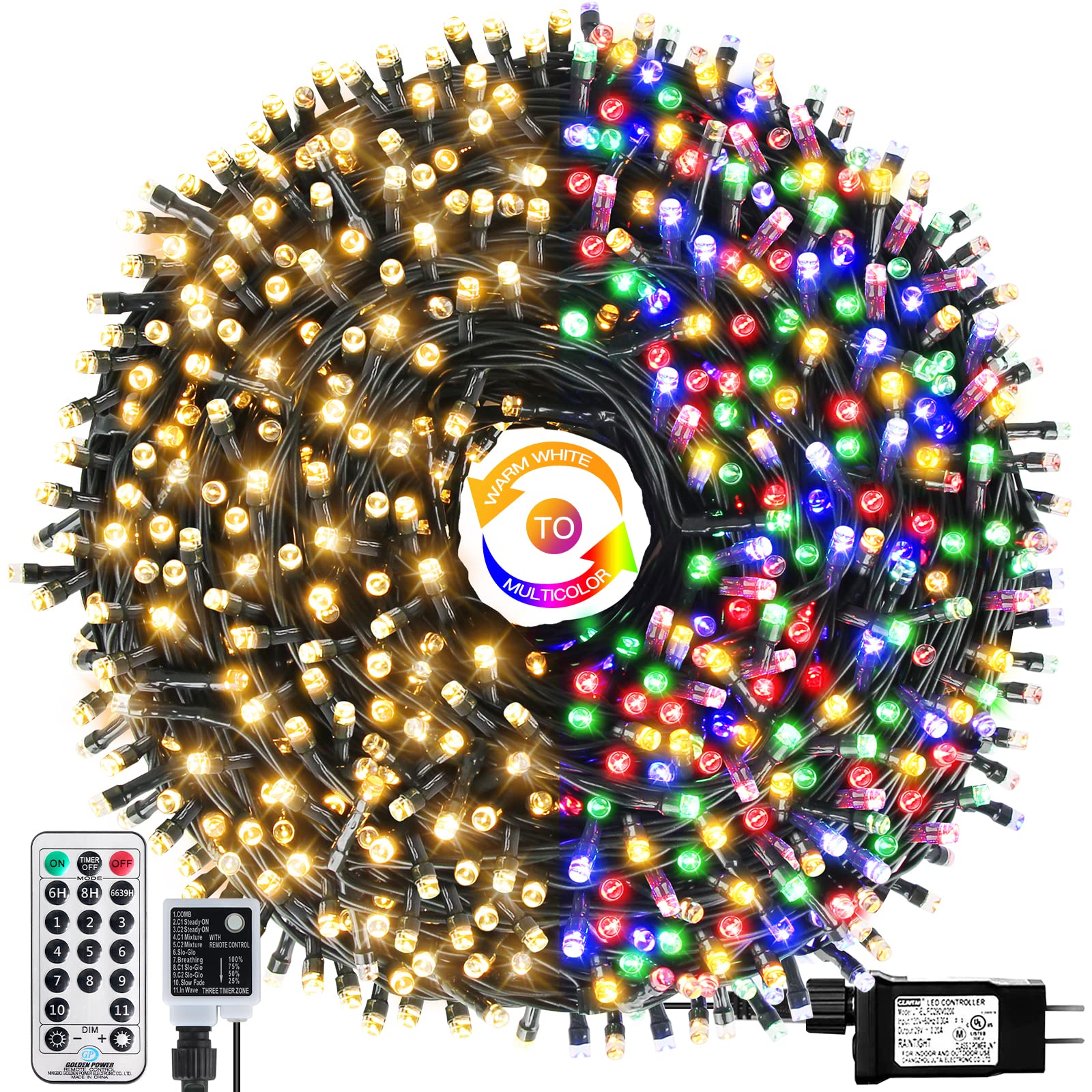 OUTYLTS 1000 LED 328ft 11 Modes with Timer Remote Christmas String Lights IP55 Outdoor Waterproof UL Certificated Indoor Fairy L